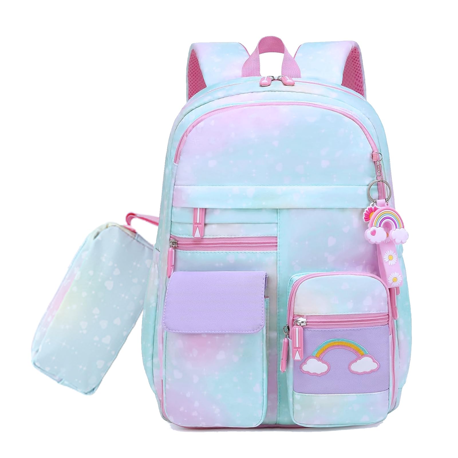 **Rainbow Girls School Backpack - Cute Kids Backpack for Back to School, Laptop & Travel, Includes Pencil Case (Blue Set) - Perfect for School, College, Day Trips & Outdoor Adventures**