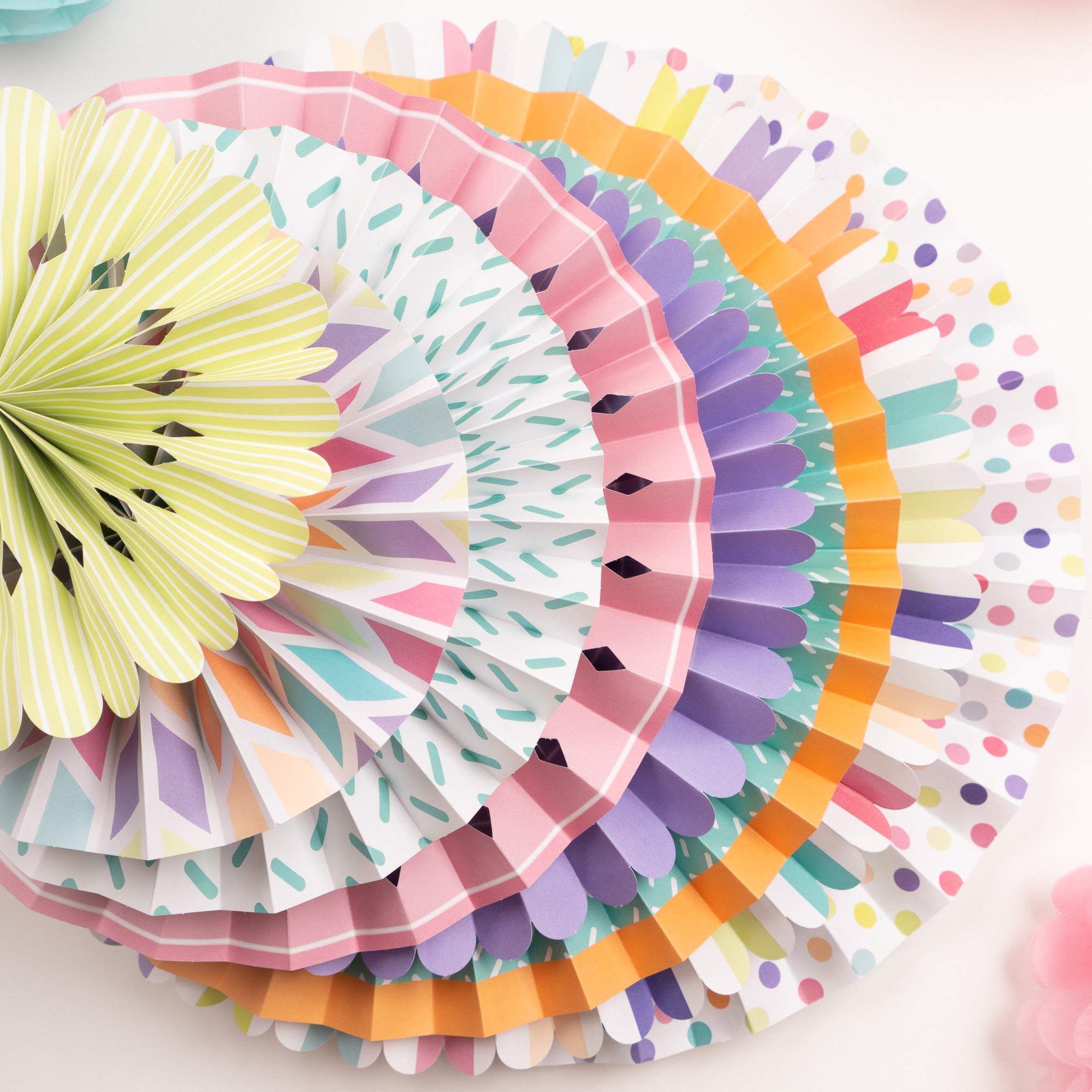 PapaKit Birthday Party Decorations Bundle - Pastel Rainbow Bunting Banner, Pennant Garland, Circle Garland & Origami Paper Fan Wall Decor Set for Baby Showers, Bridal Showers & Birthday Celebrations