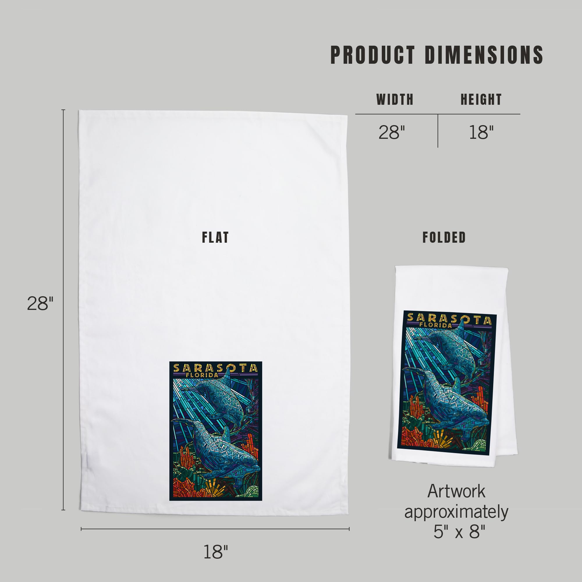 Lantern Press Sarasota Florida Dolphin Paper Mosaic Tea Towel - 100% Cotton Decorative Hand Towel for Kitchen & Home Decor | Perfect for Beach House, Coastal Decor & Gift Giving