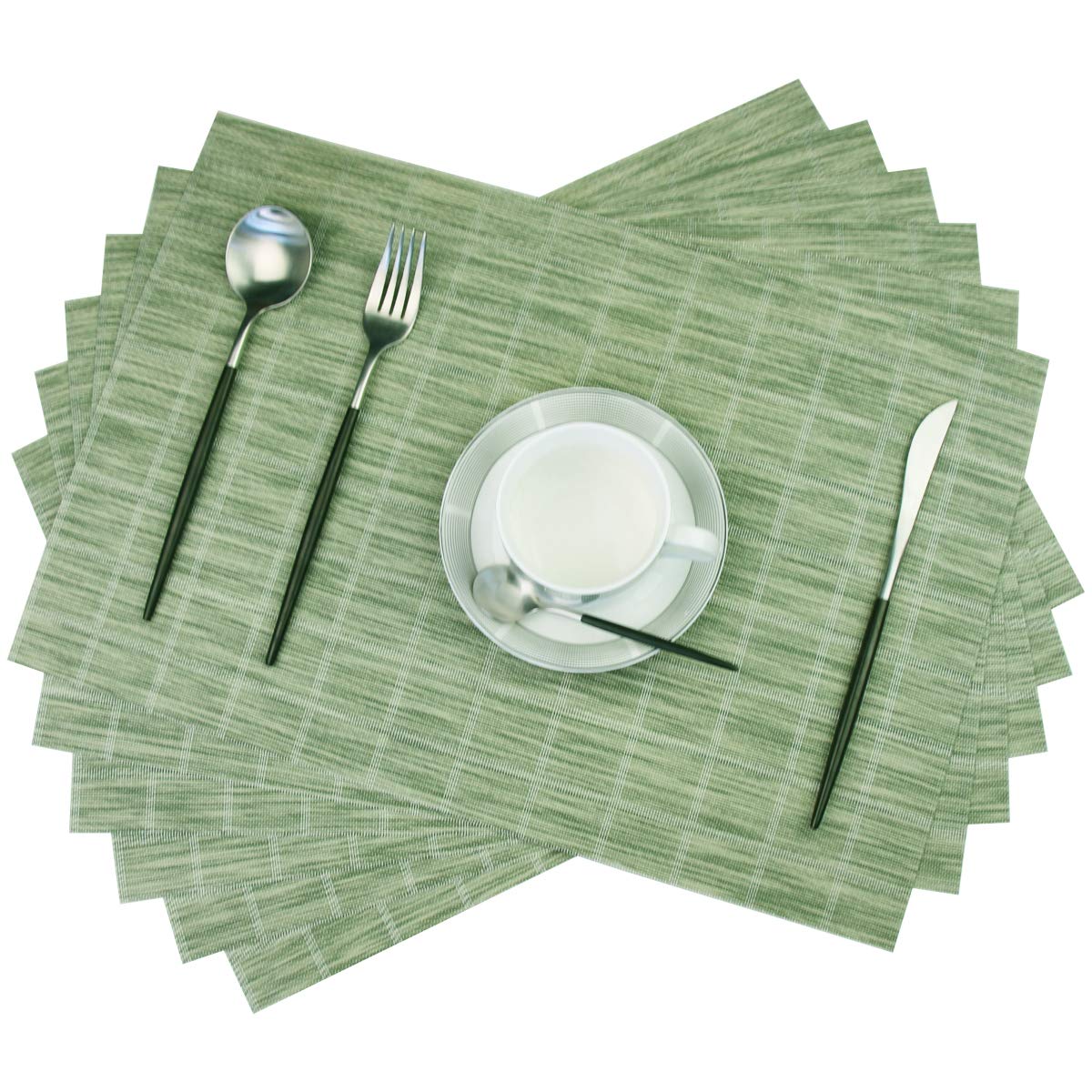 Set of 6 Heat-Resistant Vinyl Woven Placemats - Washable Kitchen & Dining Table Mats in Grass Green | Perfect for Everyday Meals, Dinner Parties & Home Decor