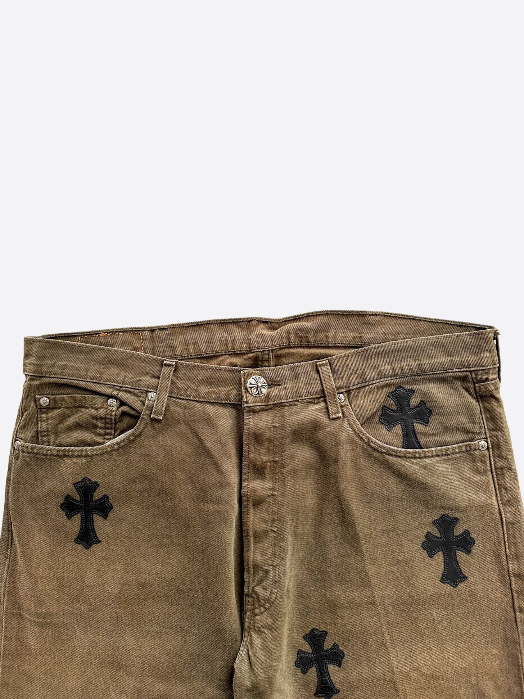 Chrome Hearts x Levi's Khaki Black Cross Patch Denim Jeans for Men - Stylish Vintage Streetwear for Casual Outfits & Night Out