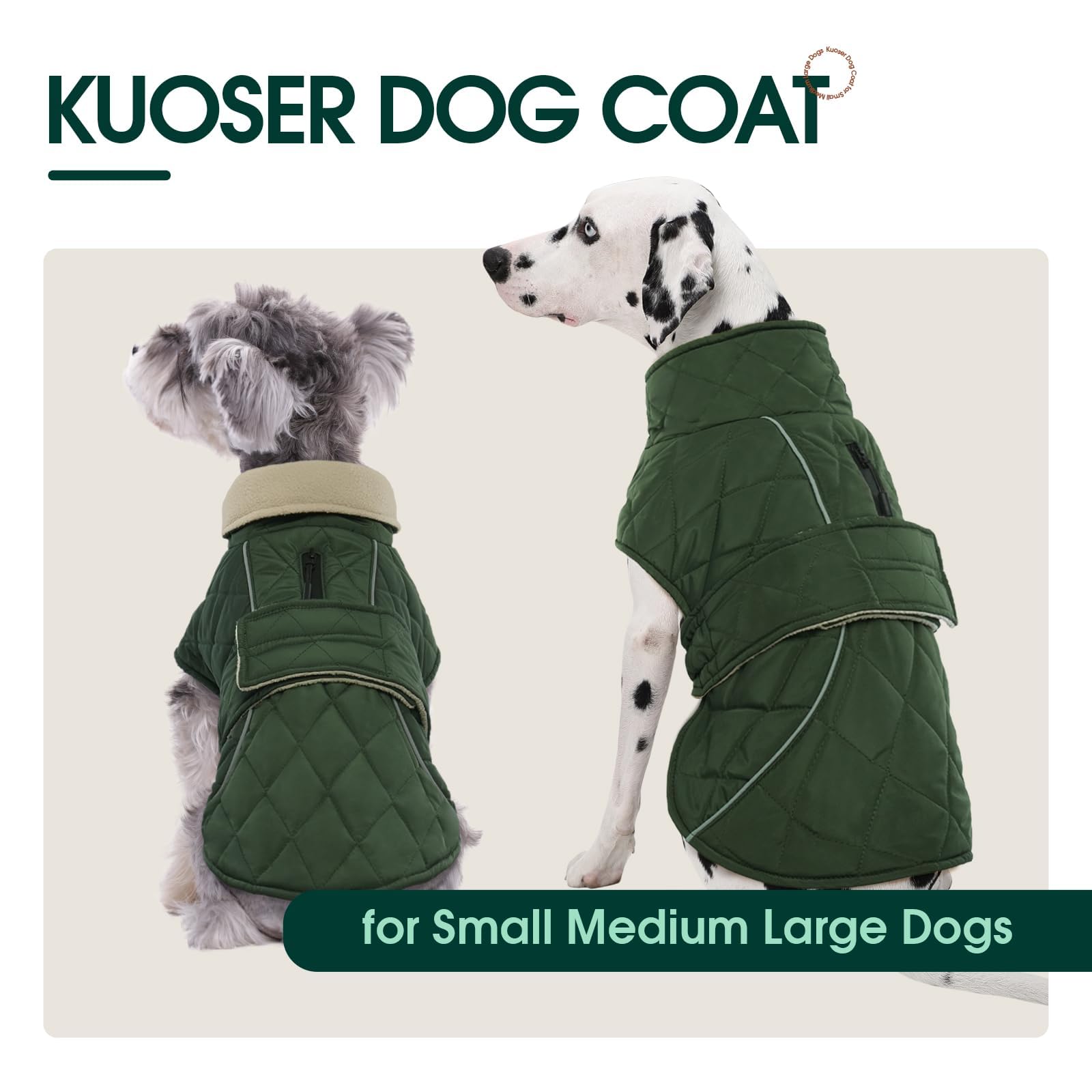 Kuoser Extra Warm Windproof Dog Coat with Fleece Lining & Reflective Strips - Adjustable Winter Jacket for Large Dogs, Turtleneck Snowsuit in Green XL - Perfect for Cold Weather, Outdoor Adventures & Night Walks