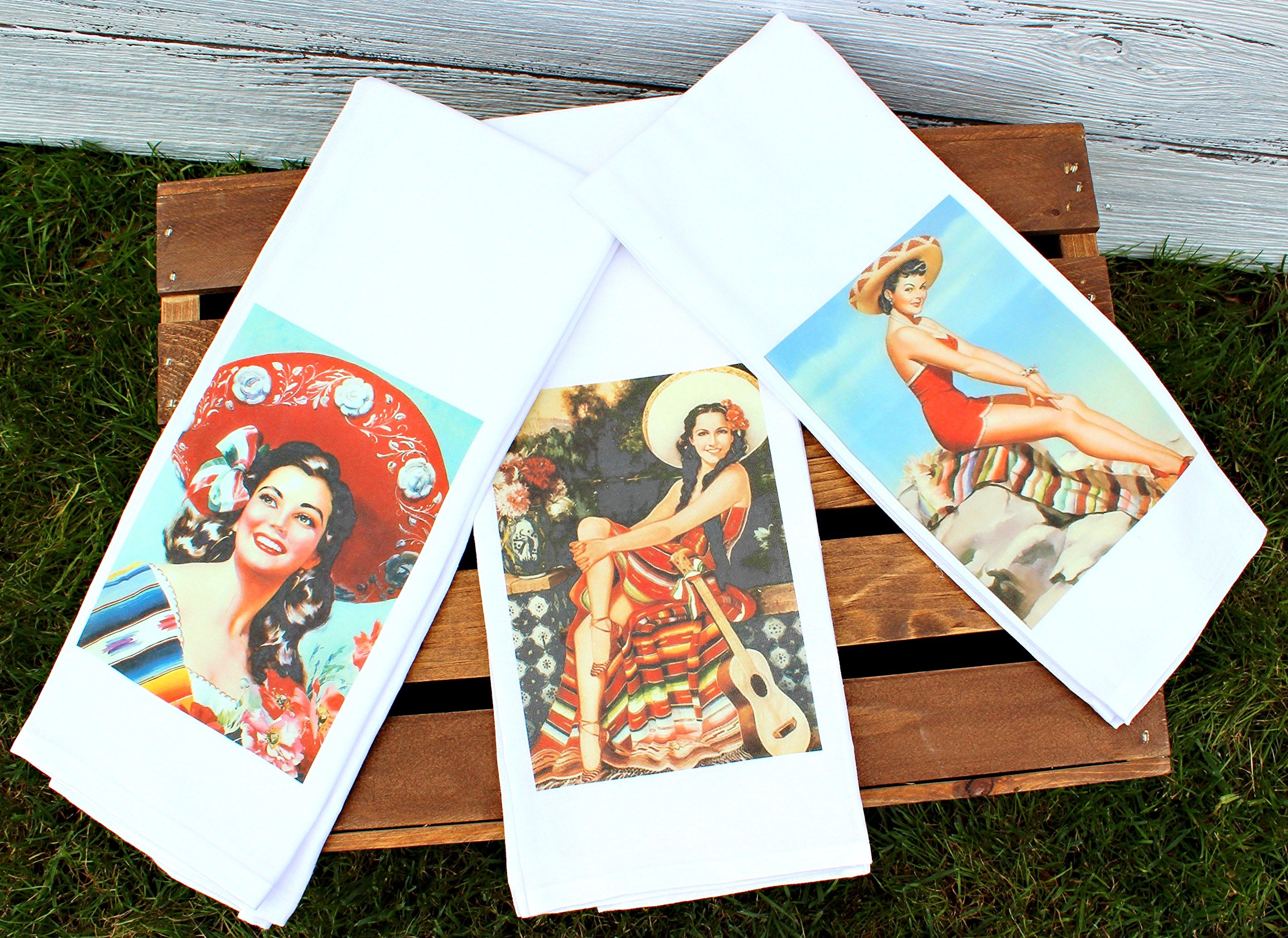 Set of 3 Mexican Senoritas 100% Cotton Kitchen Towels - Absorbent & Decorative Dish Towels for Cooking, Cleaning & Mexican-Themed Kitchen Decor