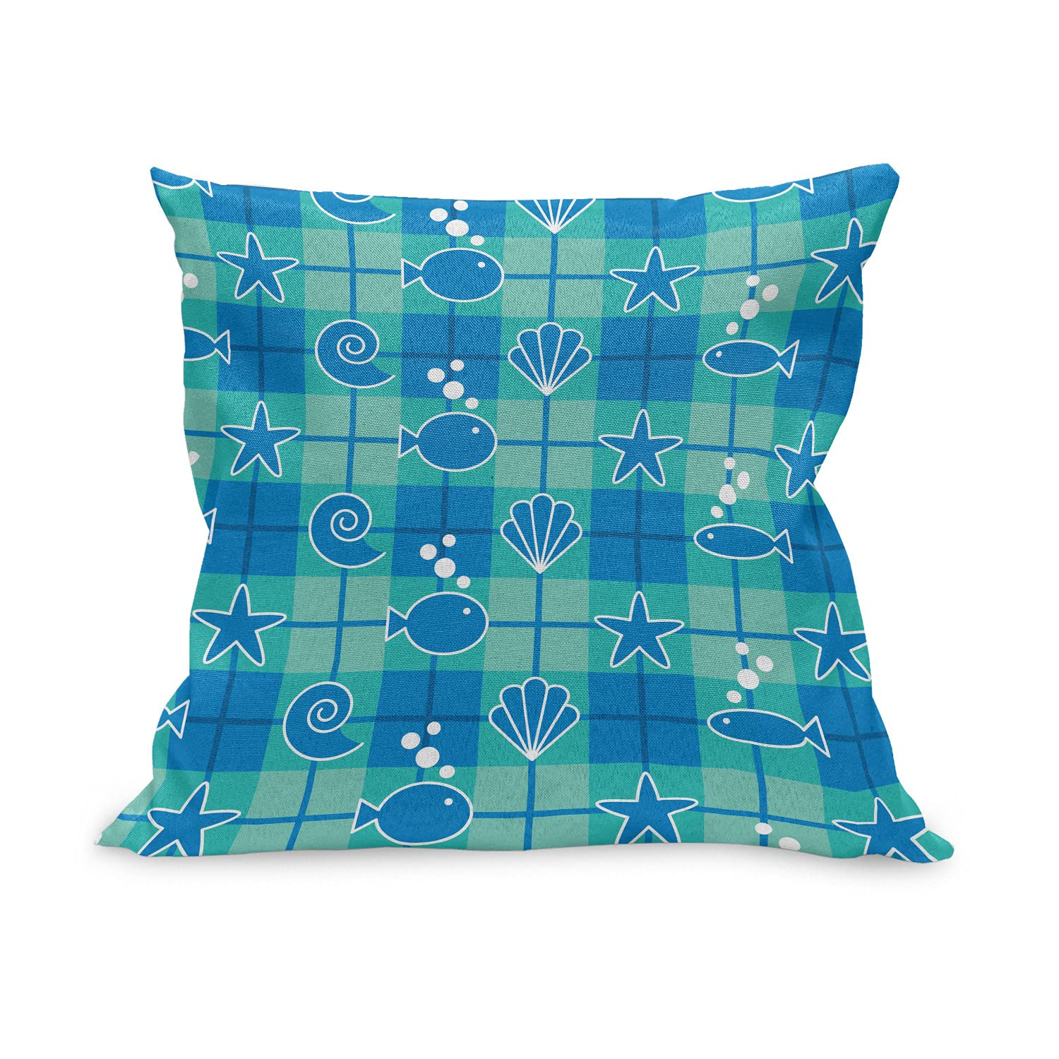 Ambesonne Sea Shells Decorative Throw Pillow Cover 16x16 Inches - Plaid Pattern with Cartoon Marine Life Silhouettes, Fish, Starfish & Bubbles in Mint Green, Blue & White | Perfect for Coastal, Beach House & Nautical Home Decor