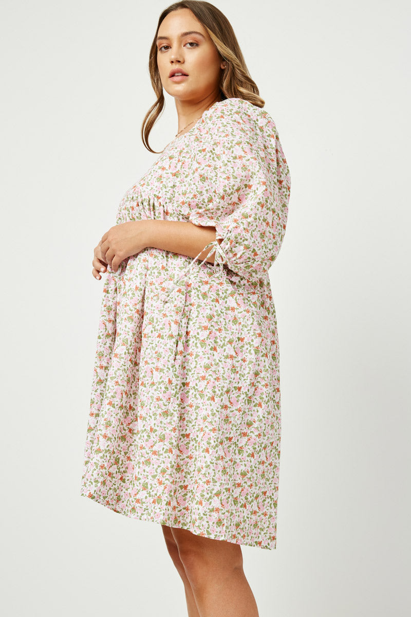 Floral Square Neck Tunic Dress with Tie Sleeves - Elegant Summer Casual Outfit for Women | Perfect for Beach, Brunch & Date Nights