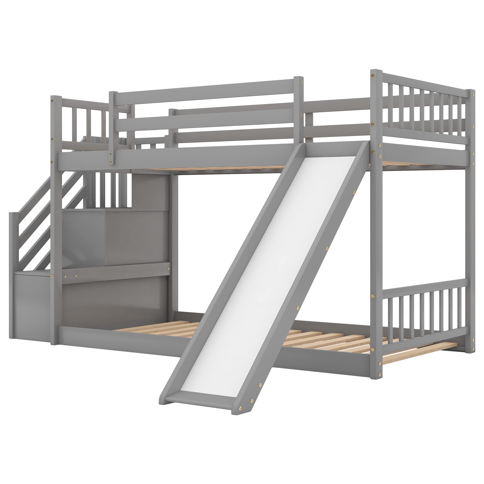 SOFTSEA Twin Over Twin Low Bunk Bed with Stairs and Slide - Kids & Teens Space-Saving Bedroom Furniture for Small Rooms, Dorms, and Sleepovers - Sturdy Wooden Loft Bed with Safety Rails