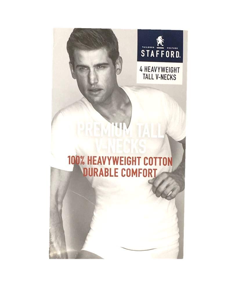 Stafford Men's Tall & Extra Tall 100% Heavyweight Cotton V-Neck Undershirt 4-Pack - White Short Sleeve Comfort Fit Undershirts for Work & Casual Wear (LXT Large Extra Tall)