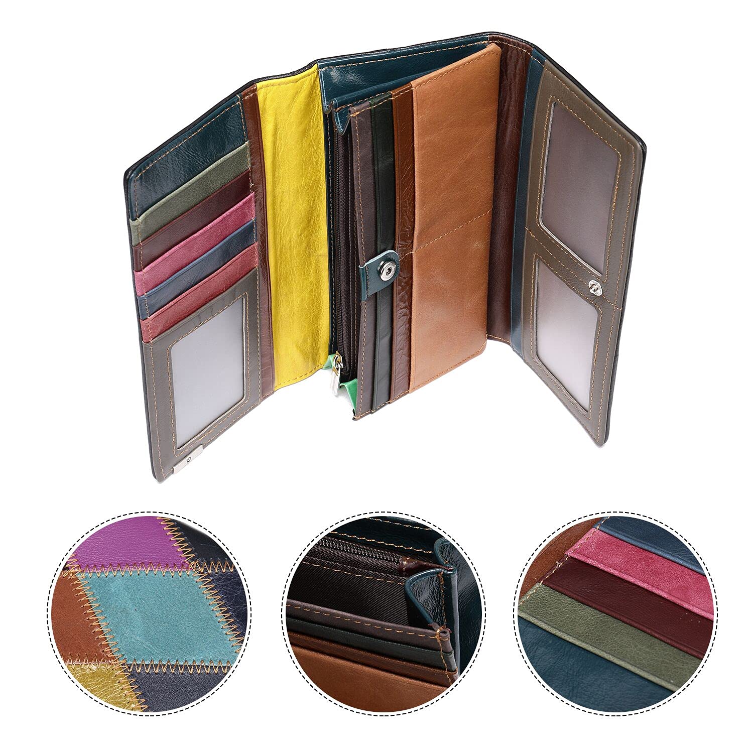 MASIWEI Genuine Leather Women's Wallet - Multicolor Patchwork Credit Card Holder with Zip Coin Purse for Daily Use