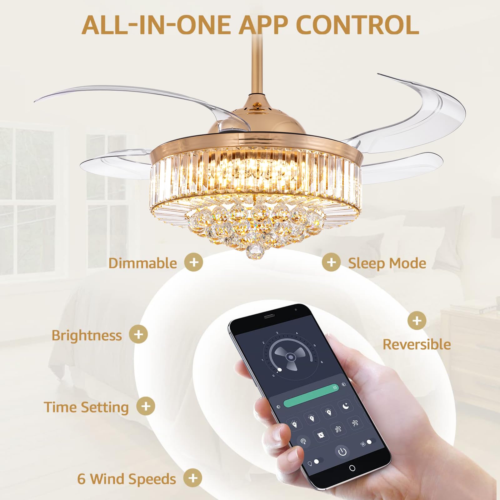 48 Inch Crystal Ceiling Fan with Light and Remote Control - Modern Dimmable Fandelier, Invisible Retractable Chandelier Fan in Gold Finish - Perfect for Bedroom, Living Room, Dining Room and Home Office Decor
