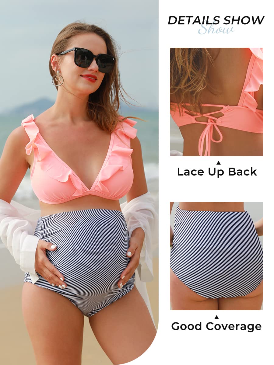 Summer Mae Maternity High Waist Swimsuit Two Piece - Floral Ruffle Bikini Set with V-Neck for Pregnancy Swimwear | Perfect for Beach Vacations, Pool Parties & Maternity Photos