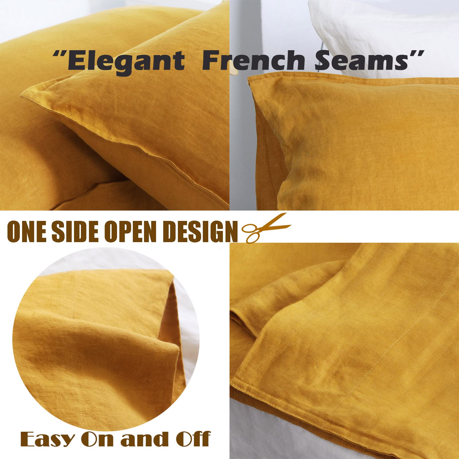 100% Organic Linen Sheets California King Size - French Flax Bedding Set 4pc (Stone Washed, Breathable, Yellow) | Luxury Eco-Friendly Bed Sheets for Master Bedroom & Guest Room