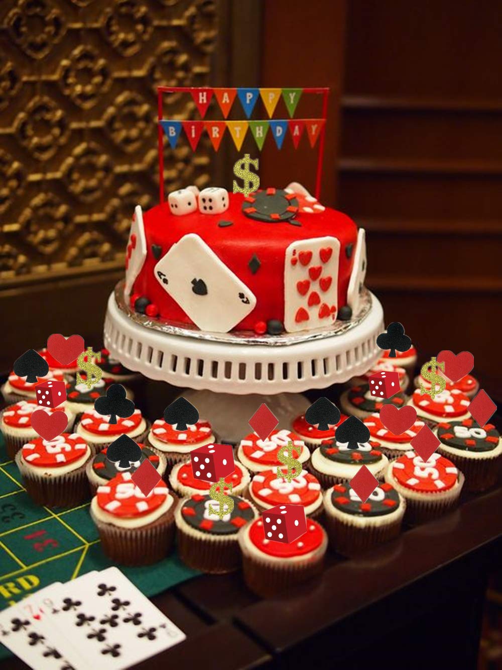 LaVenty 32PCS Casino Cupcake Toppers - Poker & Vegas Theme Cake Decorations for Casino Party, Gambling Birthday, Bachelorette & Themed Events