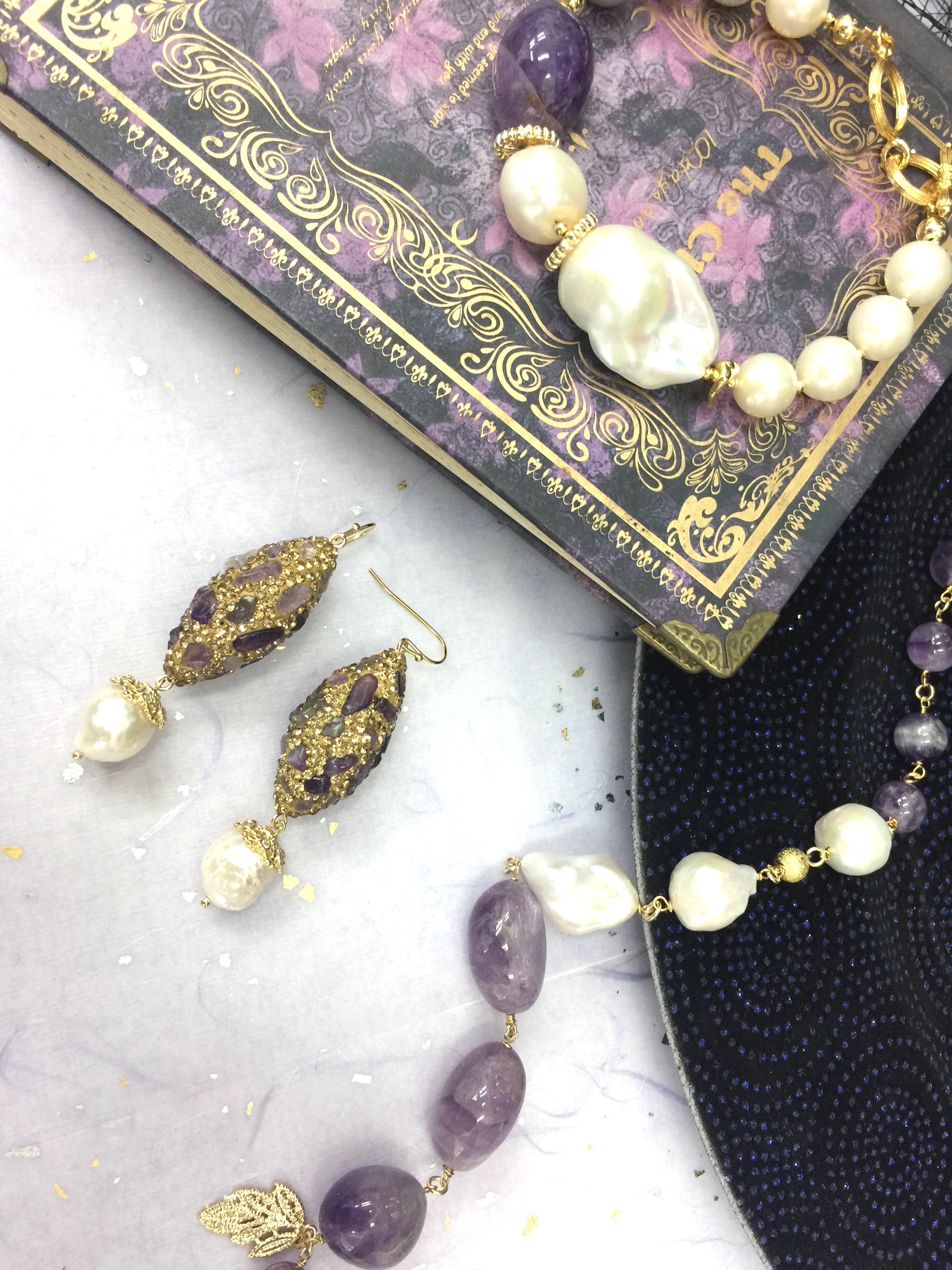 Rhinestone Bordered Amethyst Drop Earrings AE005 - Elegant Purple Crystal Dangle Earrings for Women, Perfect for Parties, Weddings & Special Occasions