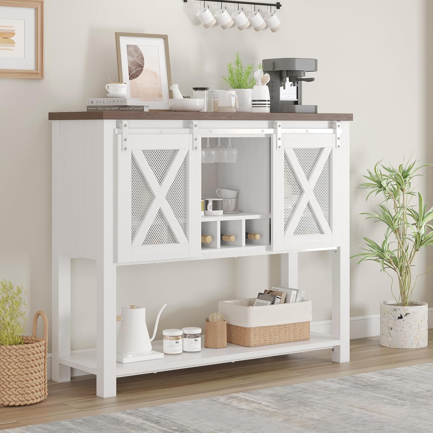 Farmhouse Style Coffee Bar Cabinet with Wine Glass Rack & Storage - White Sideboard Buffet for Kitchen, Dining & Living Room - Perfect for Home Entertaining & Compact Spaces