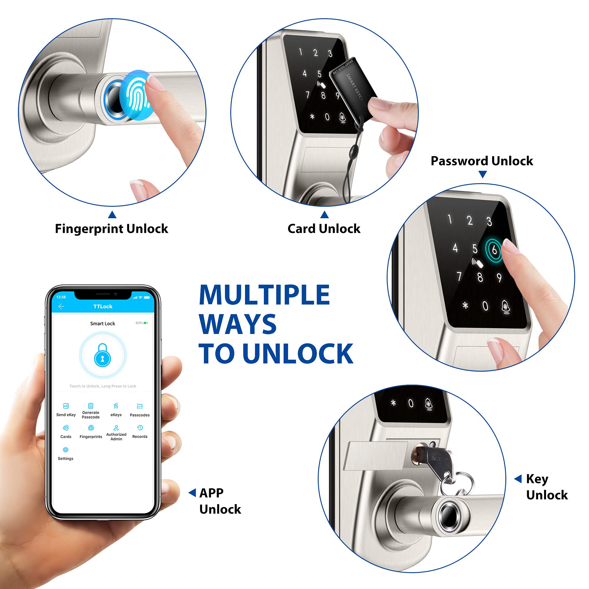 Smart Door Lock with Fingerprint, Bluetooth & Key Card - Keyless Entry for Front Door, Office, Garage & Airbnb - Digital Door Lock with App Control & Handle for Enhanced Security & Convenience