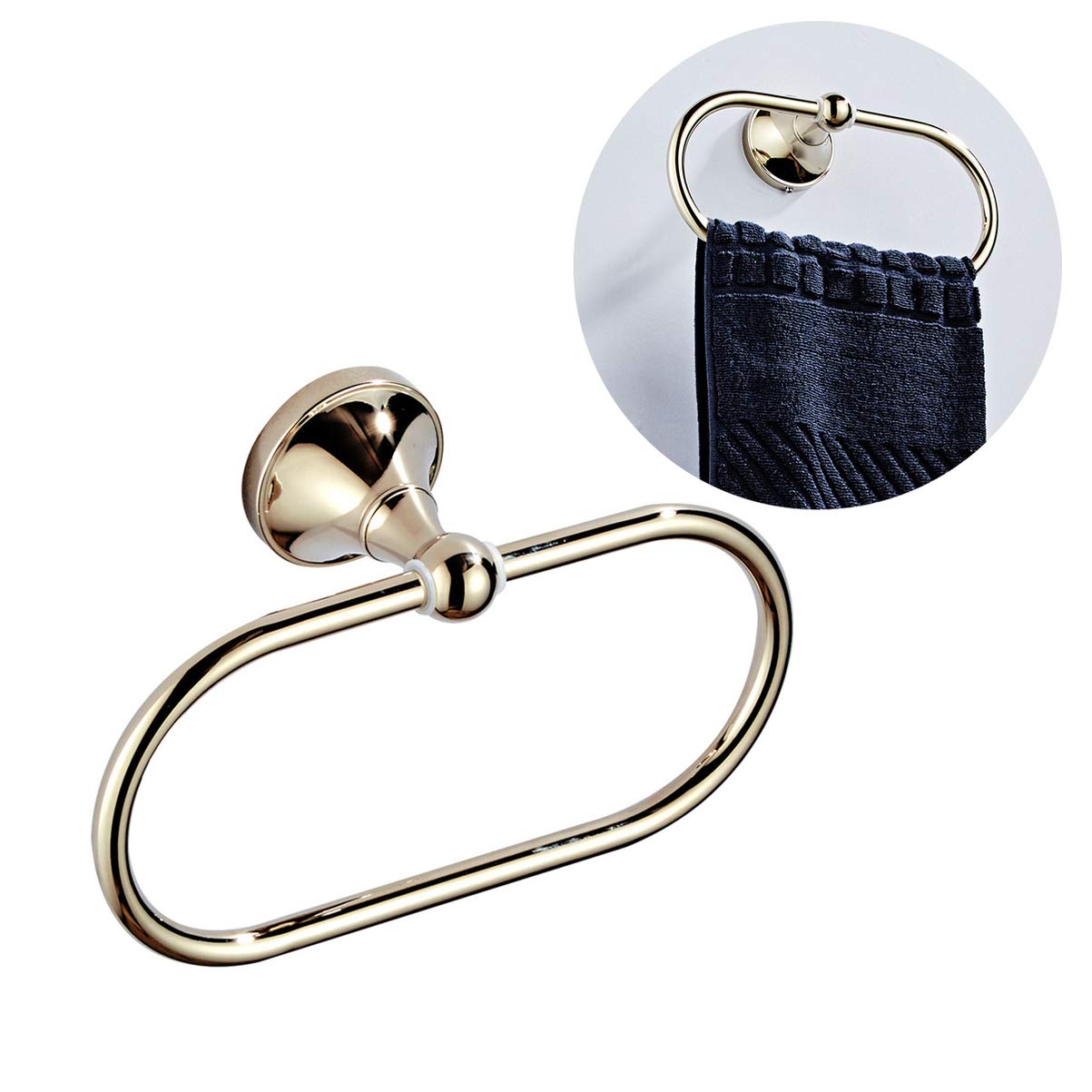 VOSAREA Oval Copper Towel Ring - Modern Chrome Bathroom Towel Holder for Toilet, Kitchen & Bathroom - Rust-Resistant Wall-Mounted Hanging Hook (Golden Finish) - Perfect for Spa, Guest Bath & Luxury Home Decor