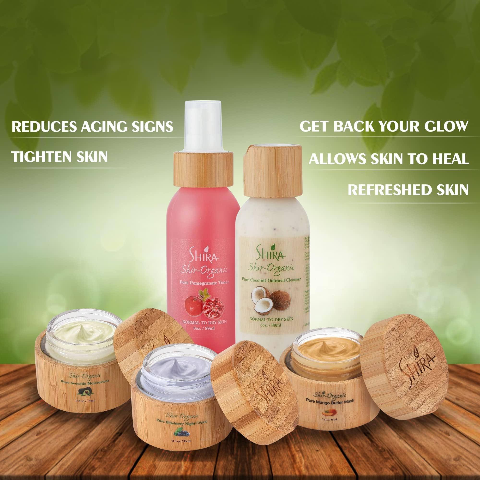 Shira Organic Face Essentials Set - Avocado Moisturizer 15ml, Blueberry Night Cream 15ml, Pomegranate Toner 89ml, Mango Butter Mask 15ml, Coconut Oatmeal Cleanser 89ml - Complete Skincare Routine for Dry & Sensitive Skin - Perfect for Daily Hydration & Night Repair