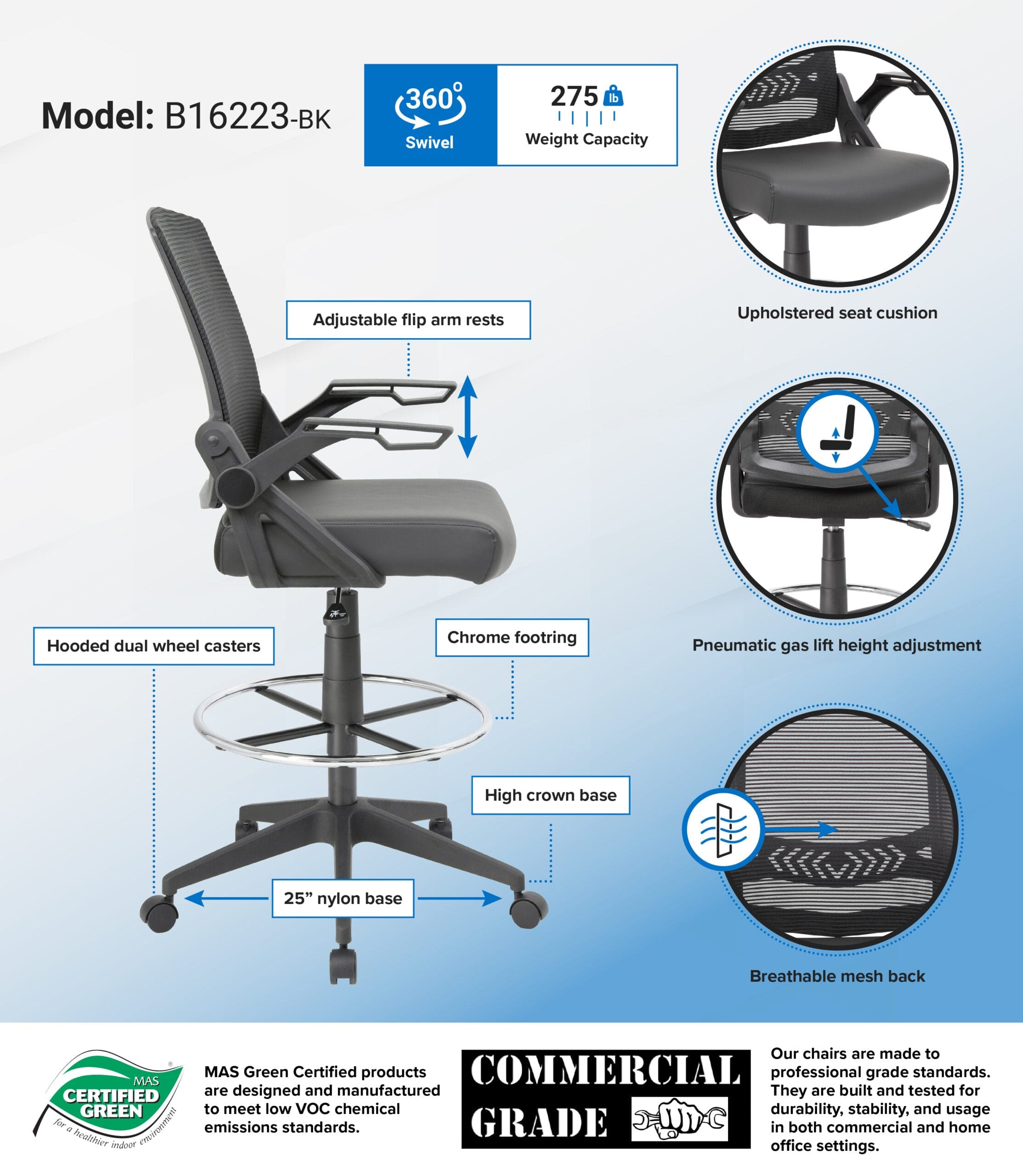 Boss Mesh Drafting Stool with Flip Arms - Adjustable Height Office Chair for Architects, Artists & Designers - Ergonomic Swivel Stool for Home Office, Studio & Workspace [B16223 BK]