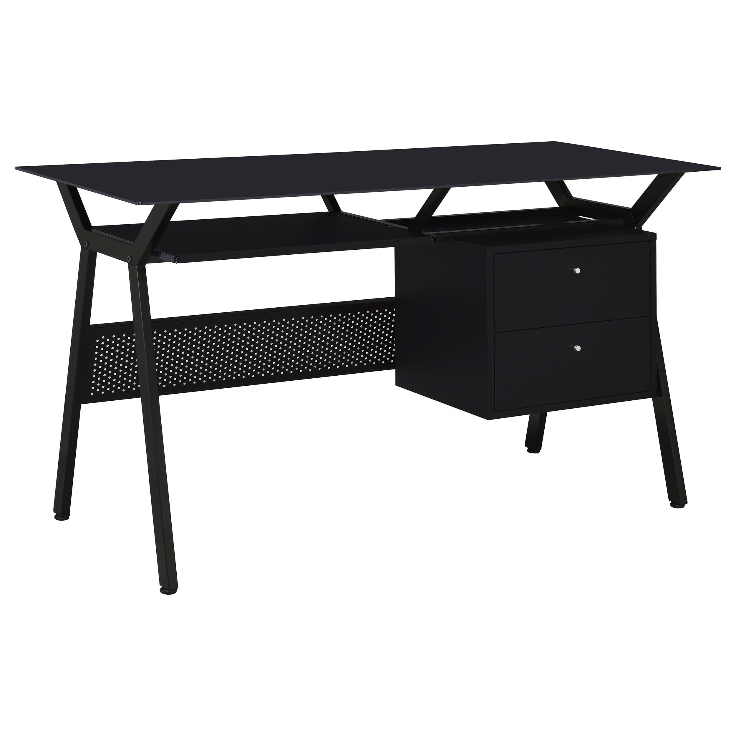 Modern 55-Inch Office Computer Desk with Black Tempered Glass Top - 2-Drawer Storage Workstation (55