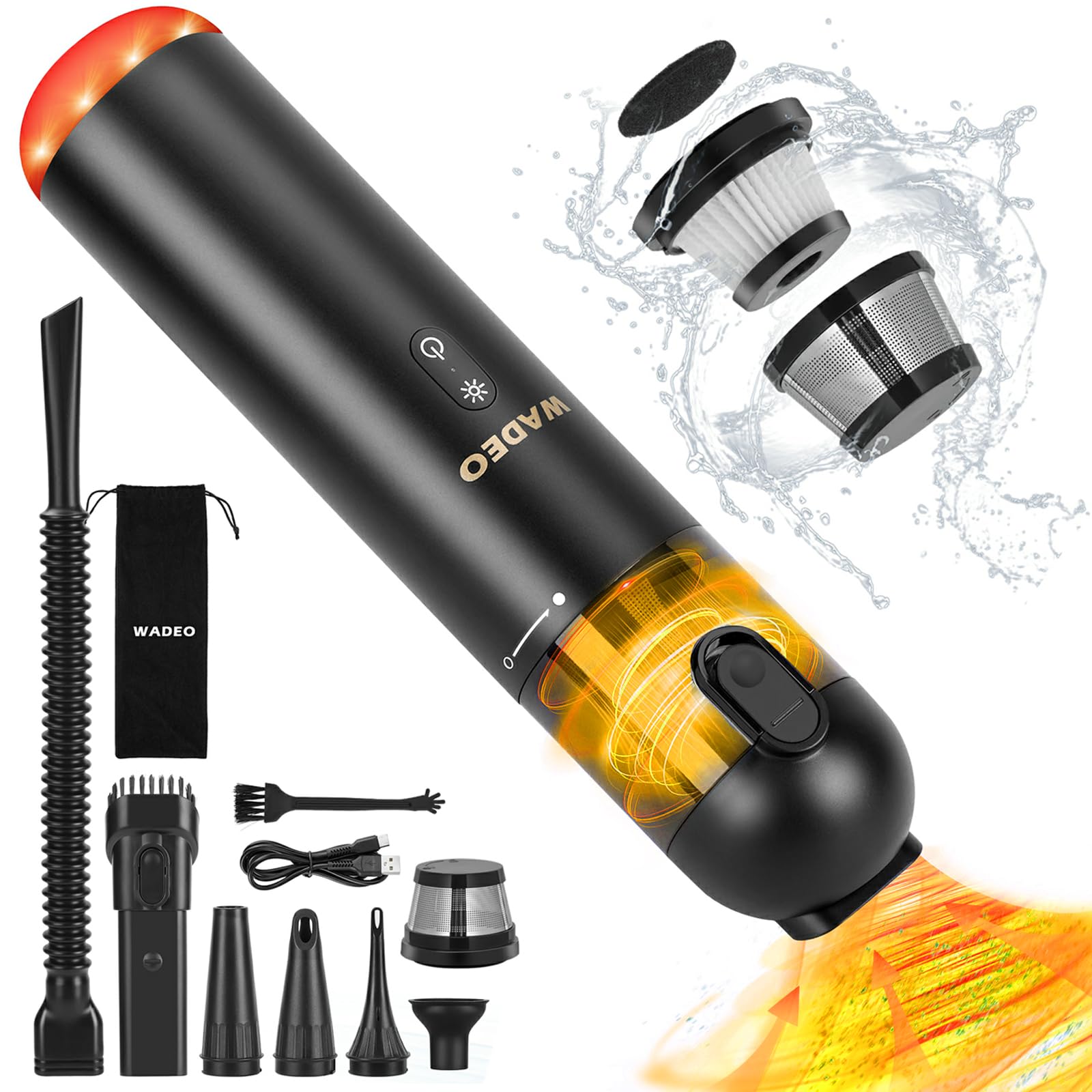 WADEO Cordless Handheld Car Vacuum Cleaner - 18000PA Strong Suction, 6-in-1 Multi-Function (Dust Buster, Air Blower, Hand Pump, LED Light, SOS Light) - Portable for Car, Home, Keyboard Cleaning & Emergency Use