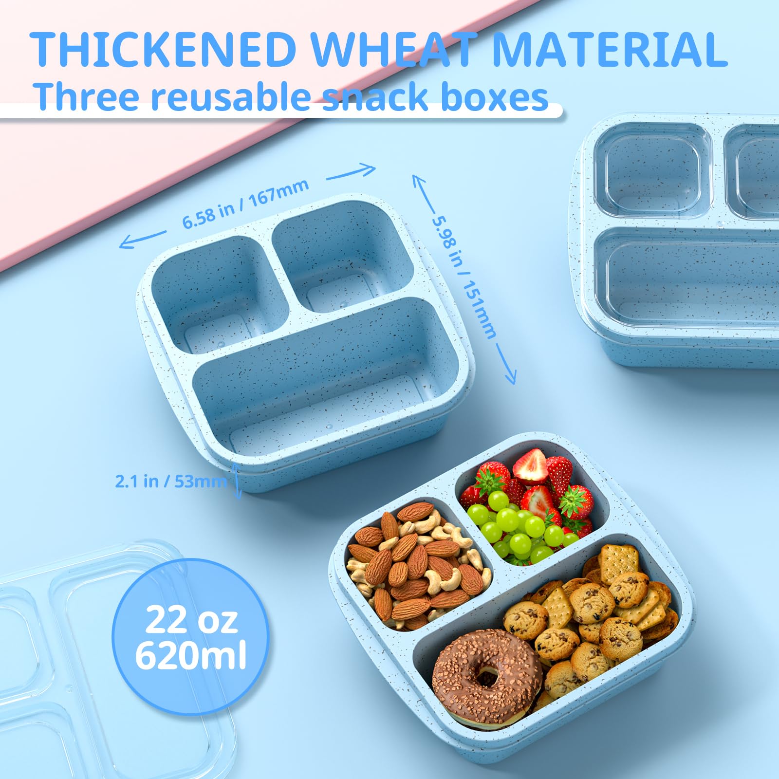 Stackable Bento Box (3-Pack) - 3-Compartment Reusable Lunch Containers for Kids & Adults | Meal Prep & On-the-Go