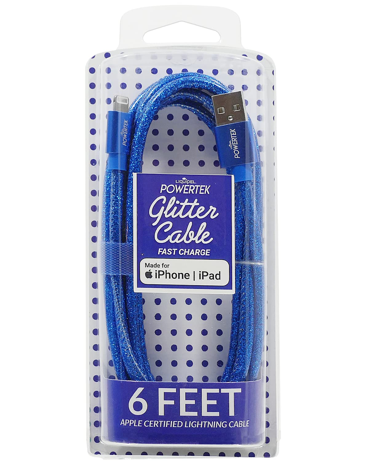 LIQUIPEL Powertek Glitter MFi Certified Fast Charging Cable - 6ft Lightning to USB Cable for iPhone 14/13/12/11/X/8, iPad - Navy Blue | Perfect for Home, Office & Travel Charging