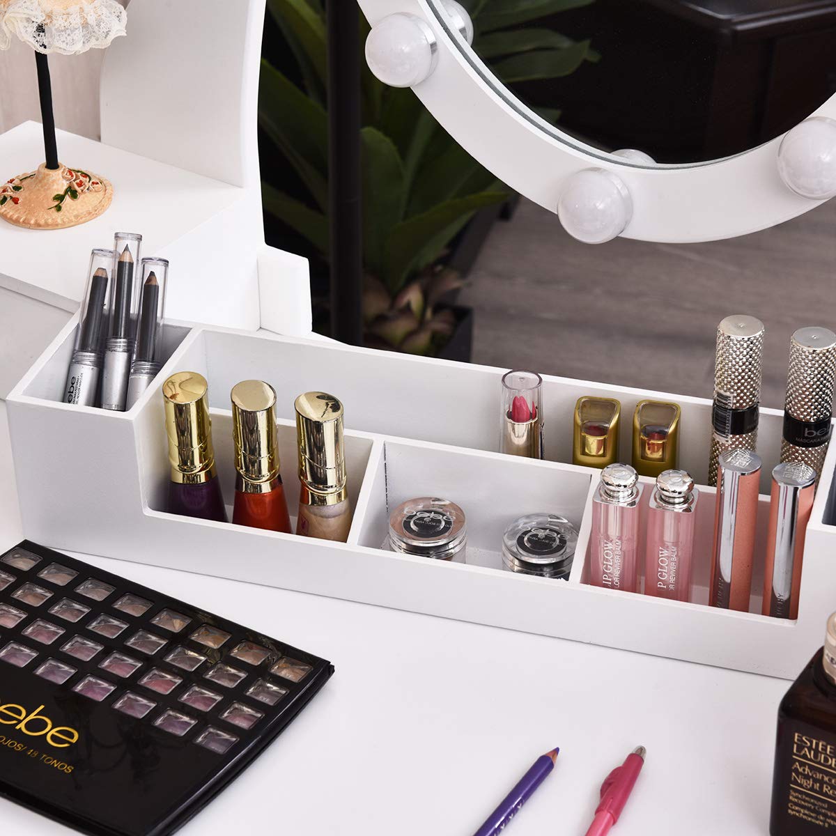 Charmaid White Makeup Vanity Table with LED Lighted Mirror - 10 Adjustable Brightness Lights, 5 Drawers & Removable Organizer, Dressing Desk with Stool for Bedroom, Bathroom & Beauty Salon