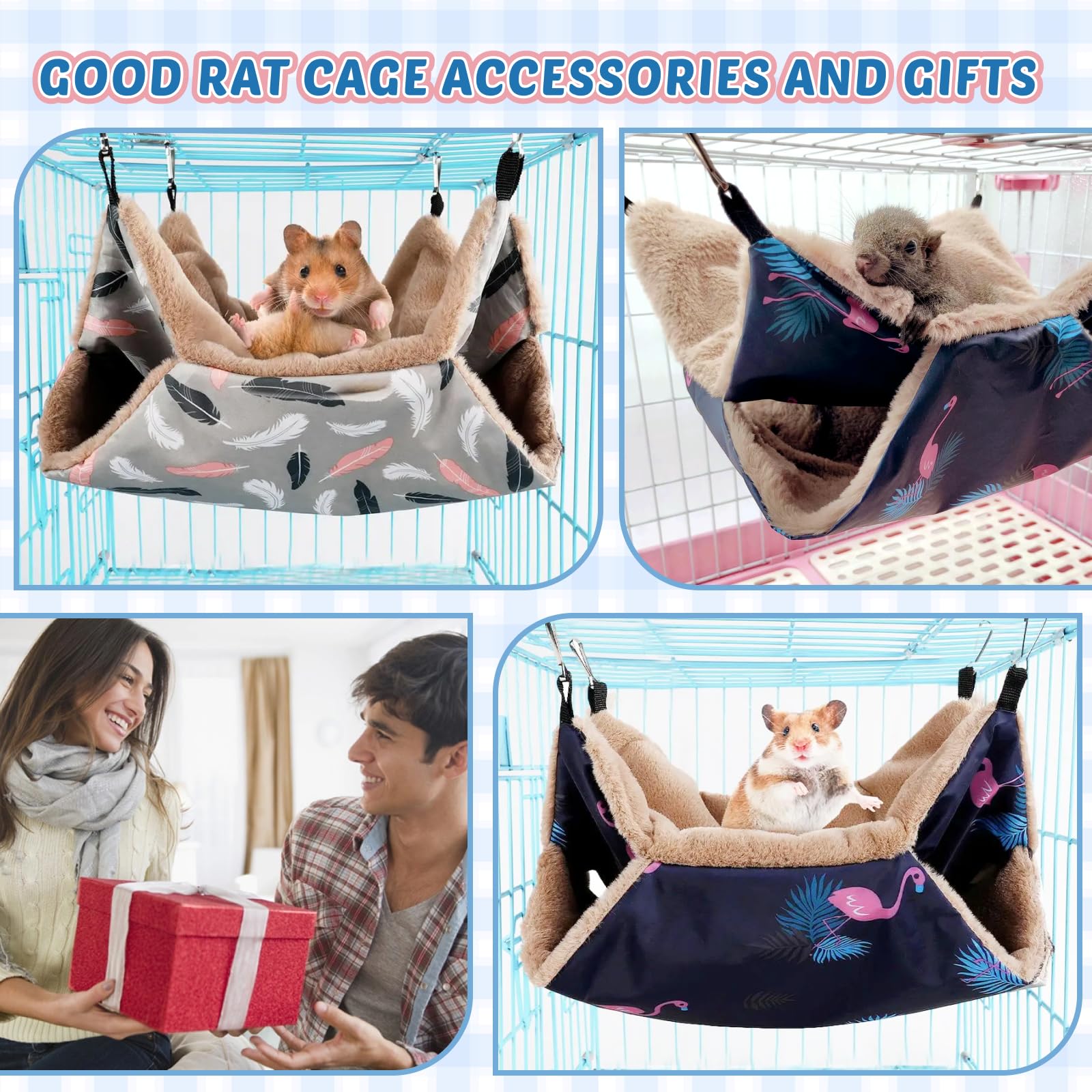 LYART 2-Pack Small Animal Hammock & Warm Bed Set for Guinea Pigs, Ferrets, Rats - Flamingo & Feather Design - Cage Accessories & Toys for Sugar Gliders, Hamsters, Squirrels - Perfect for Cozy Napping & Playtime in Pet Cages