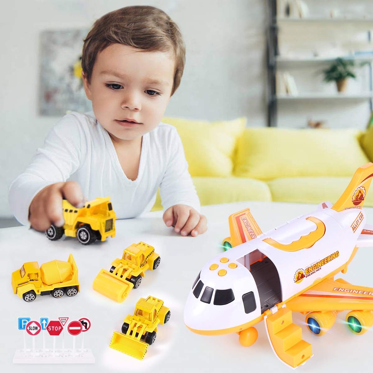 Transformable Airplane & Vehicle Toys Set - Fire Truck, Police Car & Construction Vehicles for Kids | Christmas & Birthday Gift for 3-6 Year Old Boys | Storage Box Included (Yellow & Blue) | Pretend Play, Travel & Learning Toys