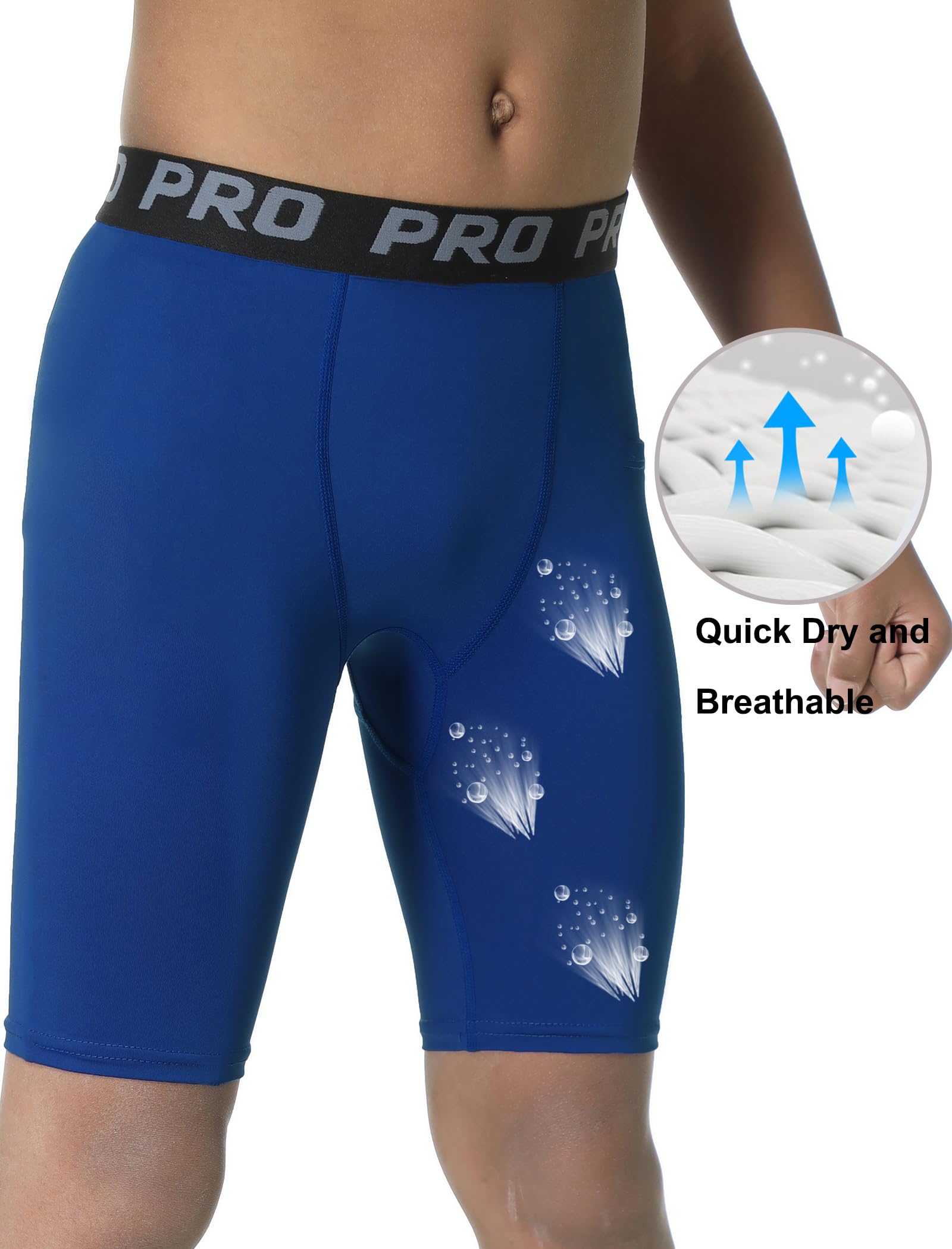 EXARUS Youth Boys Compression Shorts with Side Pockets - Moisture-Wicking Performance Athletic Underwear for Running, Soccer & Sports - Ideal for Training, Gym Workouts & Outdoor Activities