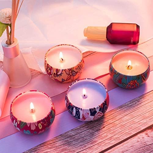 Premium Scented Soy Wax Candles Gift Set - Rose Jasmine, Orange Coffee & Seasalt Lilac Fragrances (4-Pack) | Natural Travel Tin Candles for Home Decor, Romantic Dinner, Spa Relaxation & Party Ambiance