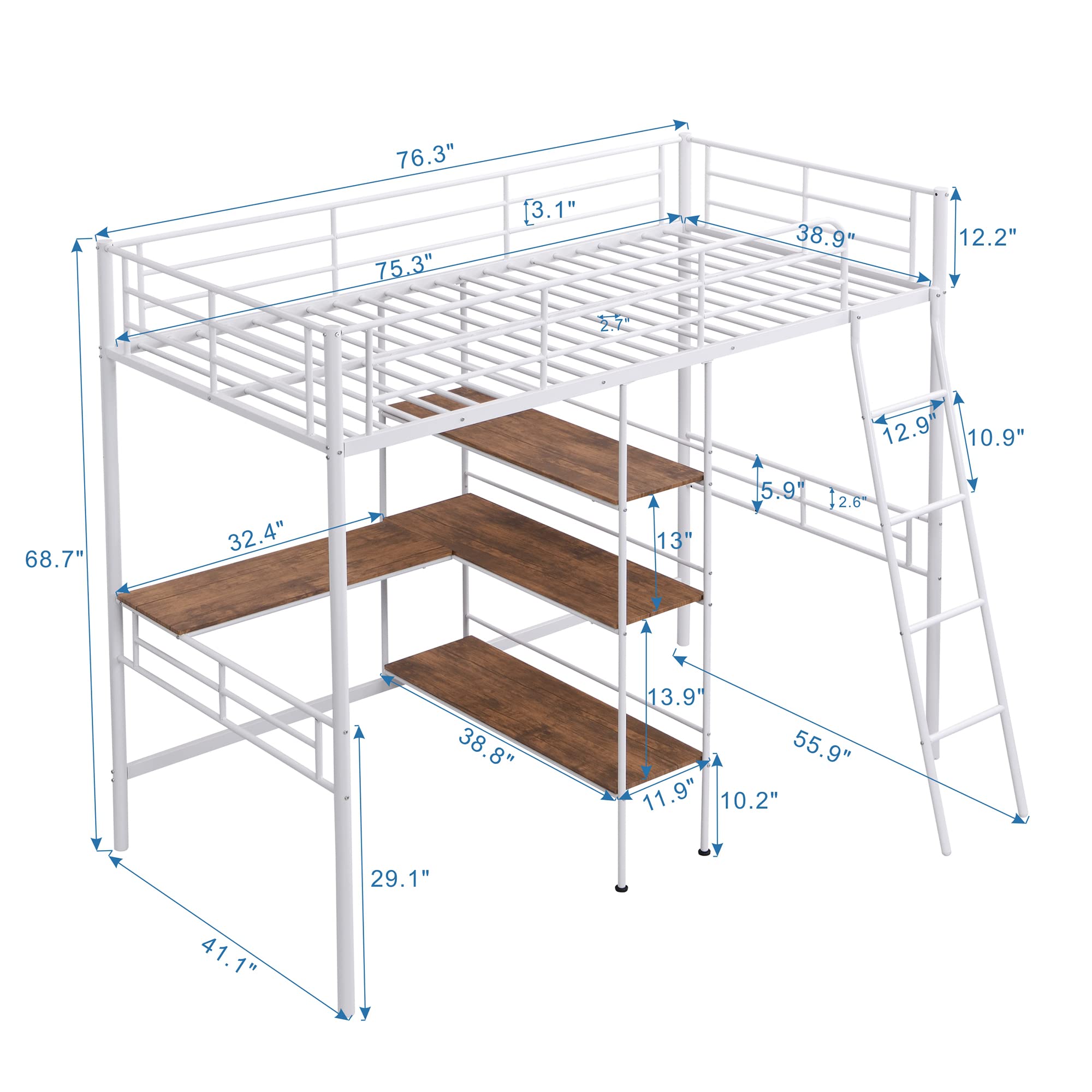 Harper & Bright Designs White Twin Size Metal Loft Bed with Built-in Desk, Shelves, Guardrail & Ladder - Space-Saving Study & Sleep Solution for Kids & Teens Bedrooms