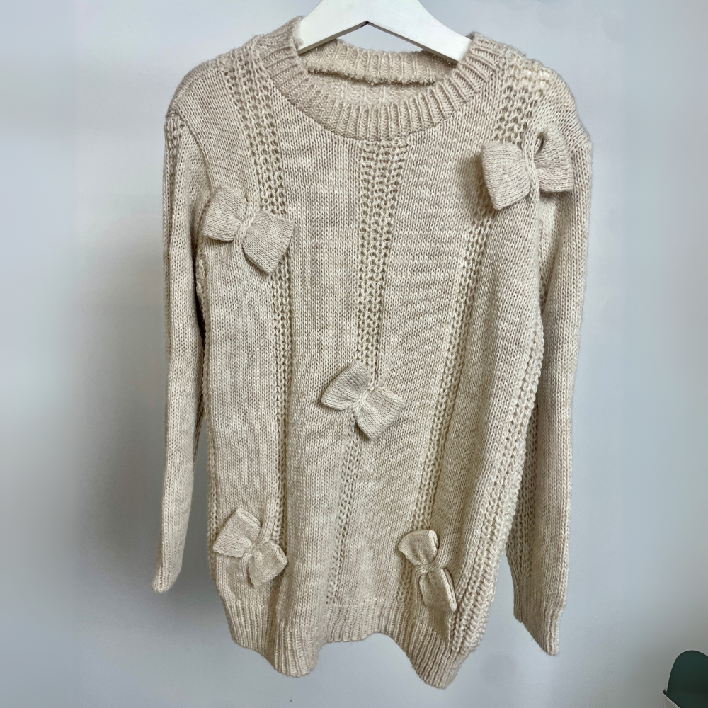 Coquette Bow Knitted Sweater Beige - Elegant & Stylish Women's Pullover for Fall & Winter Fashion | Perfect for Casual Outfits, Dates & Office Wear