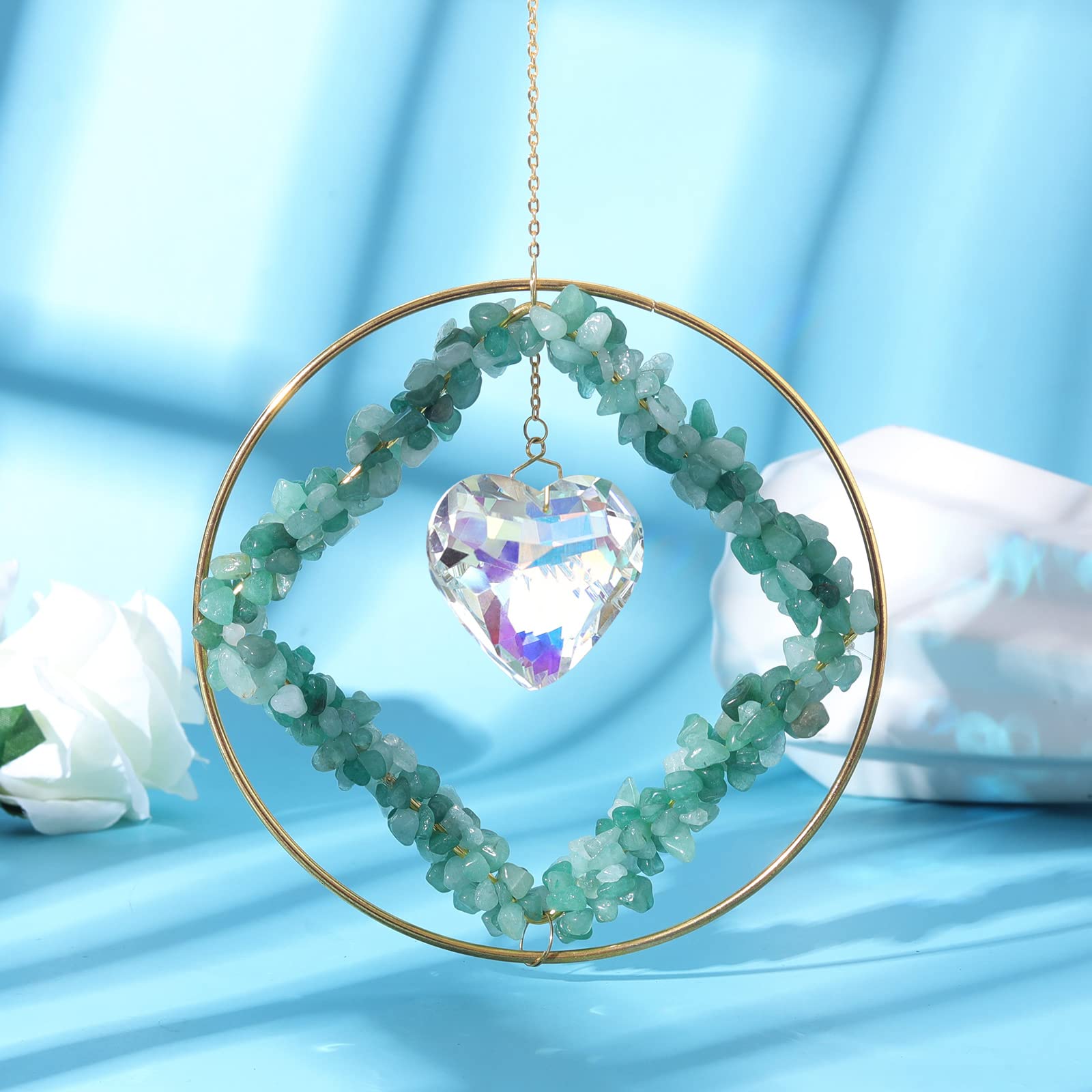 Natural Green Stone Suncatcher Crystal Heart Prism Pendant - Rainbow Maker Window Hanging Decor for Home, Garden & Gifts - Creates Stunning Light Reflections for Meditation & Relaxation Spaces