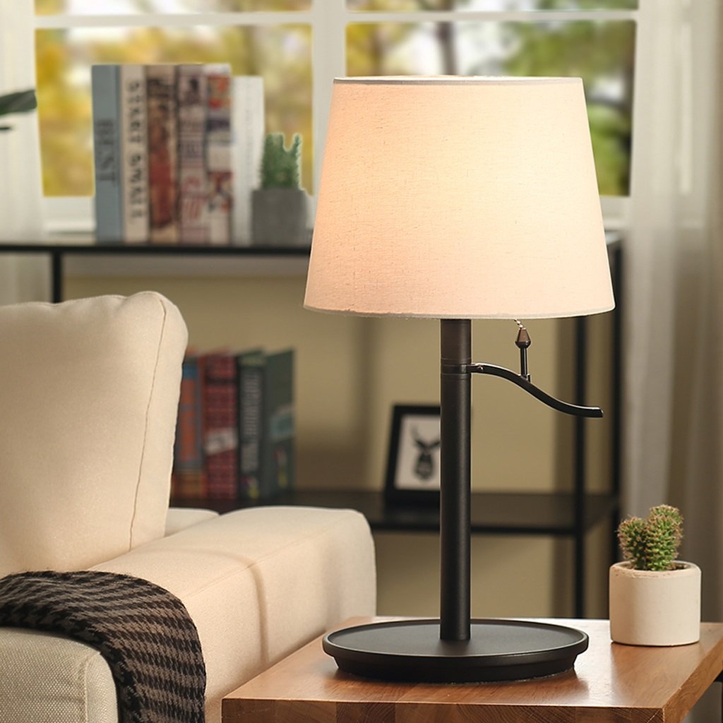 Creative Wrought-Iron Desk Lamp with Circular Linen Shade - Lever Switch E27 Bedside Lamp for Bedroom, Study, Living Room & Dining Room - Perfect for Nightstand, Wedding Decor & Cozy Reading (Black)