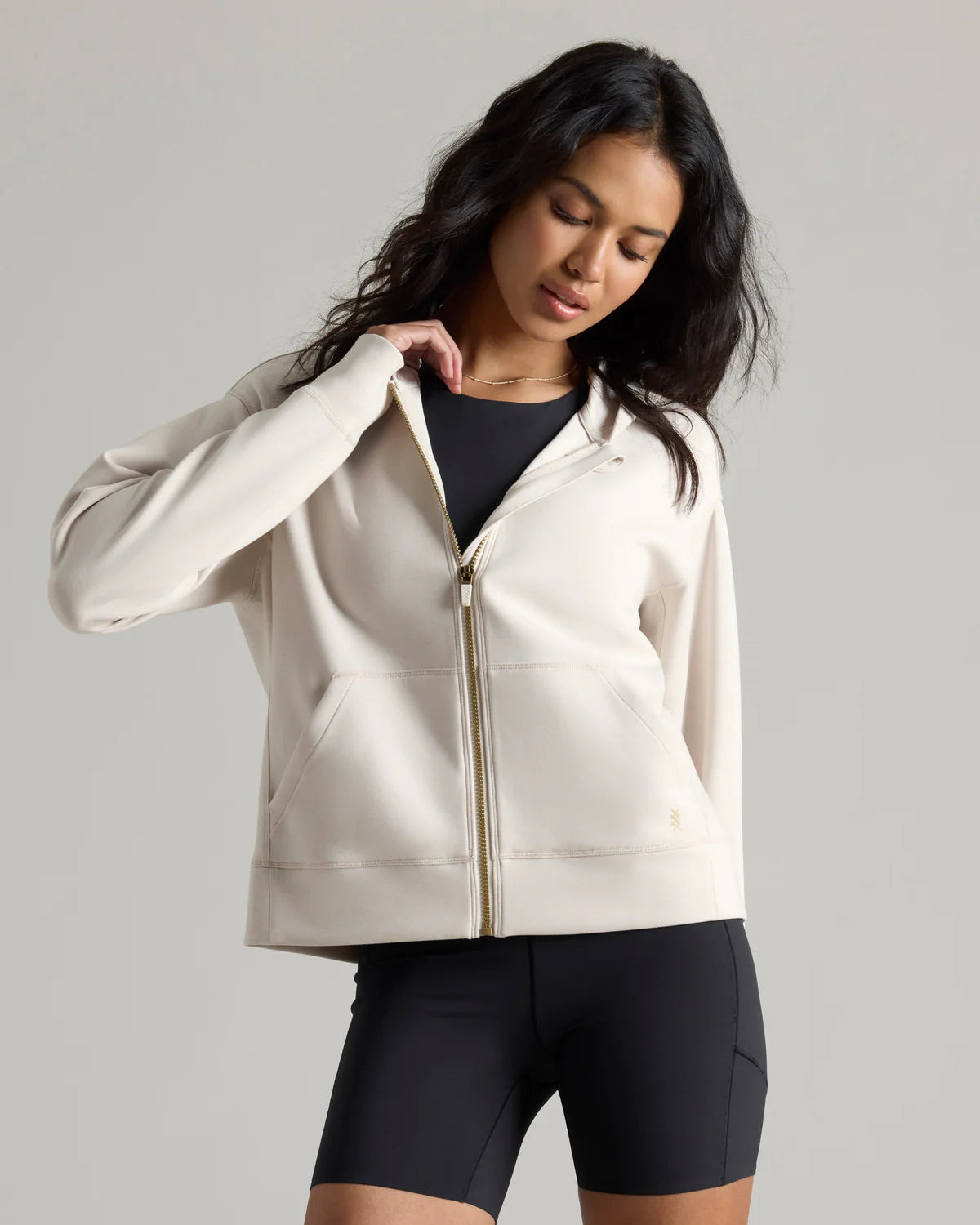 Rhone Women's Dreamglow Full Zip Hoodie - Soft Fleece Pullover with Pockets for Running, Yoga & Lounge Wear - Sand Color Athletic Jacket