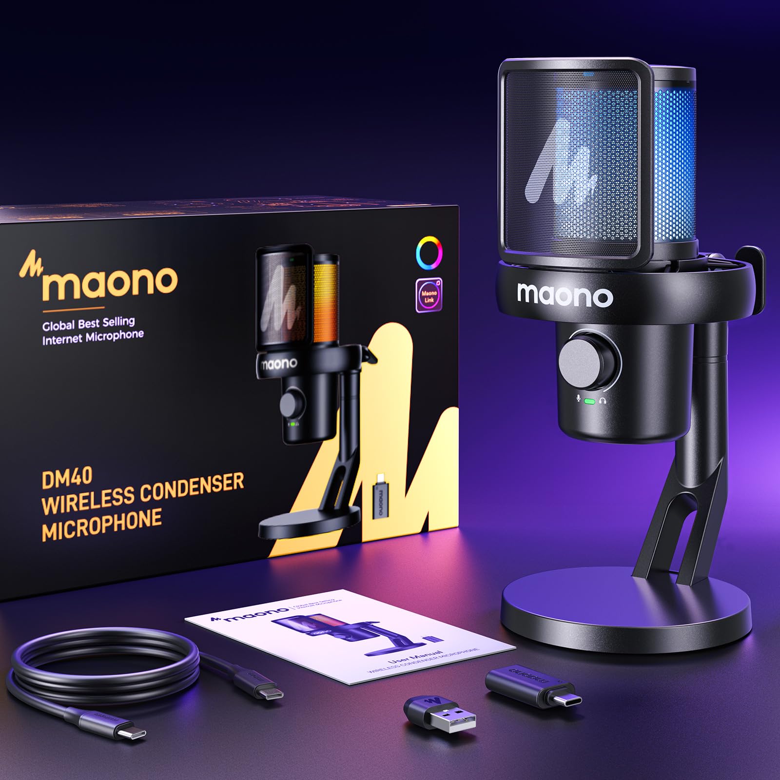 MAONO DM40-Black USB Wireless Microphone for PC & Laptop - AI Voice Changer, 3-Level Noise Cancellation, Custom EQ & Gain Control - Perfect for Gaming Streaming, Podcasting & Voice Recording (Ideal for Twitch, YouTube & Discord)