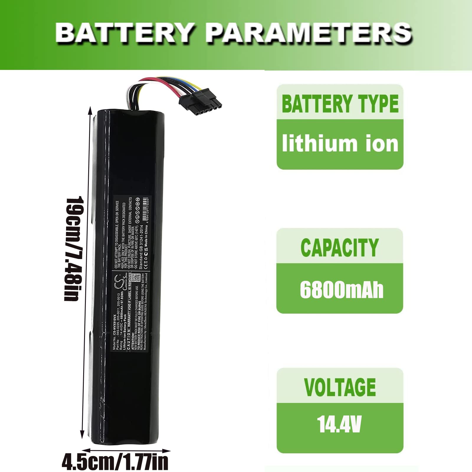 14.4V 6800mAh Replacement Battery for Neato Botvac Connected, D3, D4, D5, D6, D7, D5+, D3+, D705, D6 Connected, D703, D503, D5 Connected (Compatible with P.N. 905-0358, 945-0225, 945-0266) - Long-Lasting Power for Efficient Robot Vacuum Cleaning