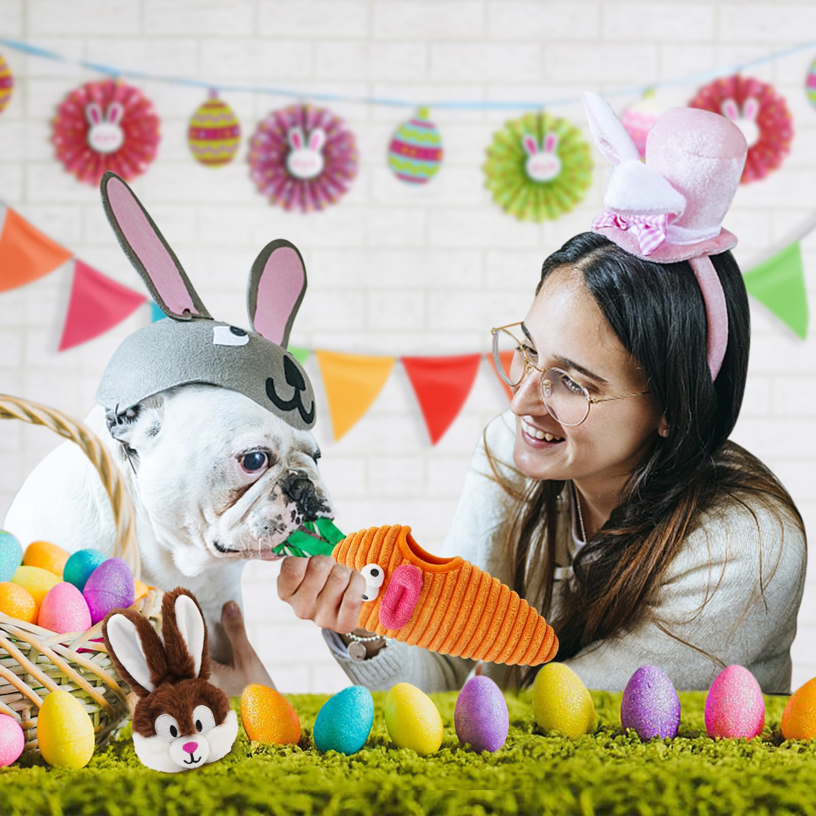 Easter Dog Toys for Small & Medium Dogs - Hide & Seek Squeaky Puzzle Toys with Rope, Cute Bunny & Carrot Design - Interactive Chew Toys for Teething Puppies - Perfect Easter Gift for Dogs & Fun Indoor Playtime