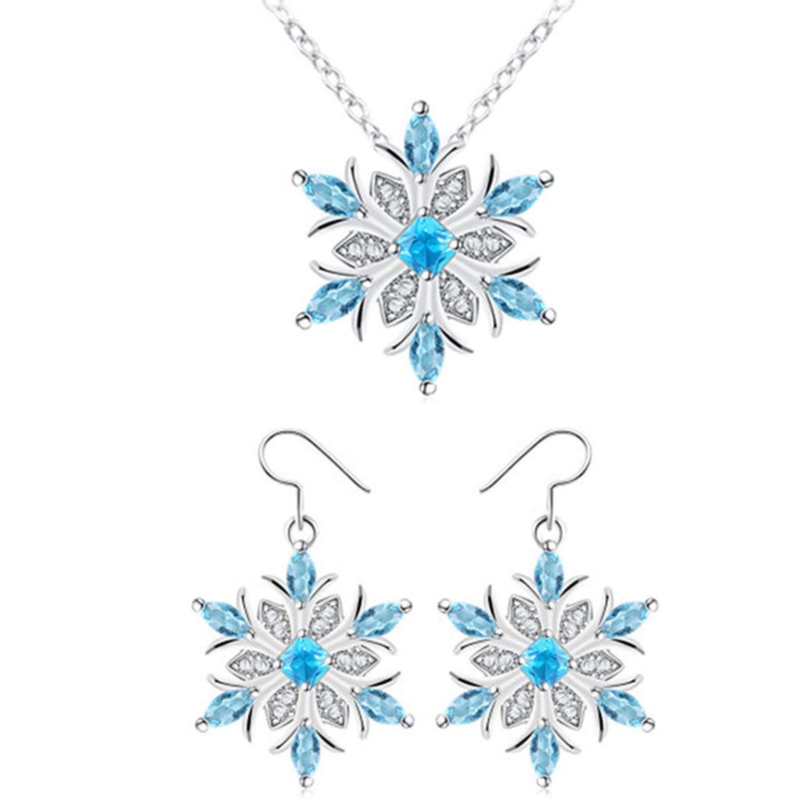 Snowflake Crystal Necklace & Gemstone Hoop Earrings Set for Women - Blue Floral Jewelry Gift for Christmas, Party & Special Occasions