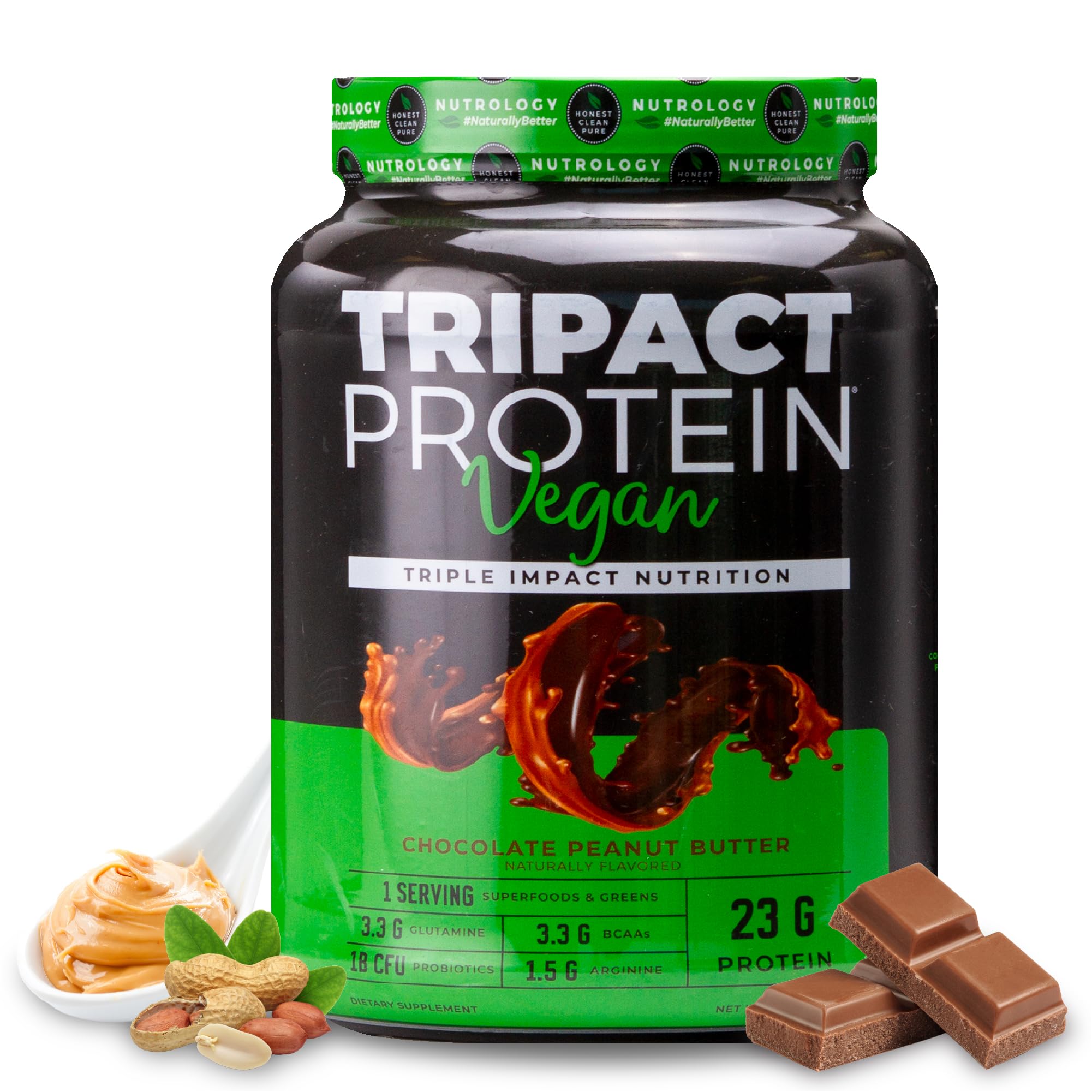 Nutrology TRIPACT Vegan Protein Powder - Organic Plant Based Protein Shake with Pea, Rice & Pumpkin, Non-GMO, BCAAs & Glutamine, Chocolate Peanut Butter Flavor, 20 Servings | Vegan Meal Replacement for Post-Workout Recovery, Weight Management & Healthy Lifestyle