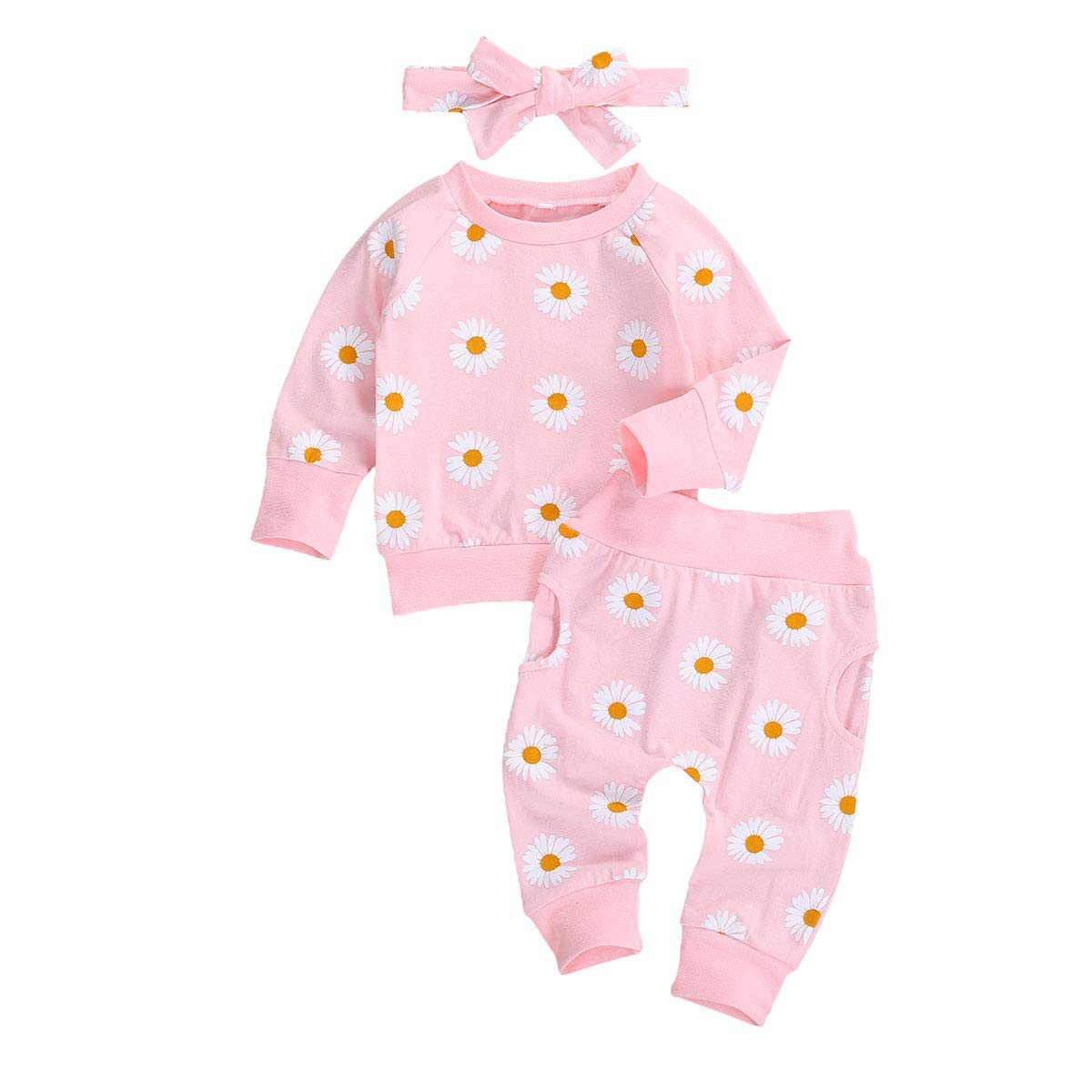 3Pcs Baby Girl Outfits - Daisy Print Sweatshirt, Pants & Headband Set | Soft Cotton Infant Winter Clothes for 0-24 Months | Perfect for Fall Photoshoots, Holiday Gifts & Playdates