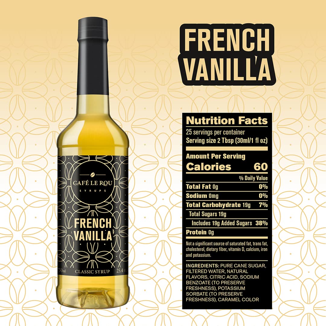 **Premium Café Le Rou Coffee Syrup Variety 5-Pack (25.4 oz) - Vanilla, French Vanilla, Caramel, Salted Caramel & Hazelnut Flavoring Syrups for Coffee, Tea, Espresso & Desserts - Perfect for Home, Café & Office Use**