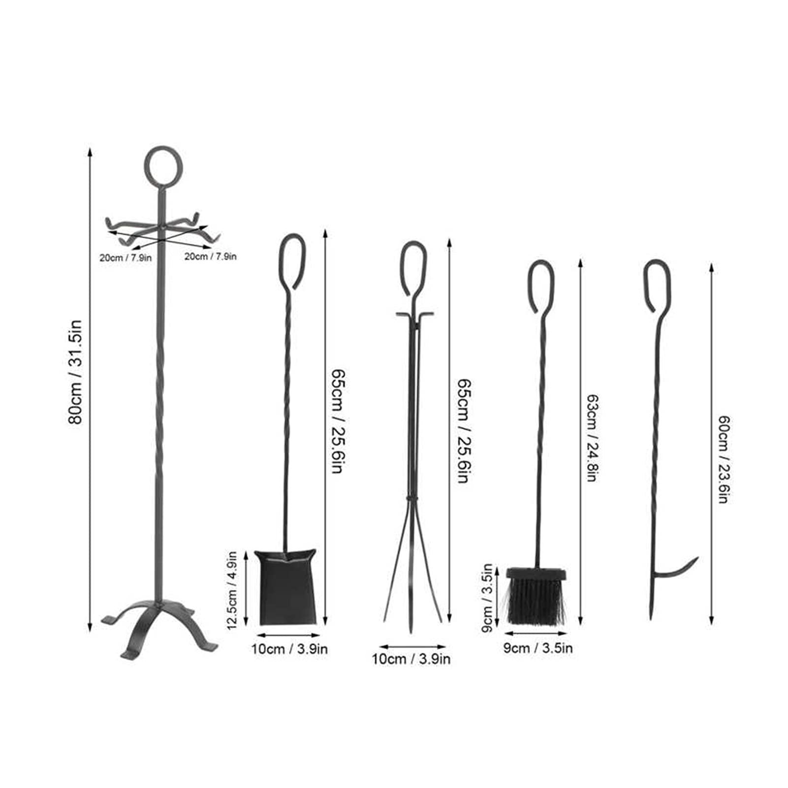 5-Piece Fireplace Tools Set - Heavy Duty Wrought Iron Fireplace Accessories with Brush, Shovel, Tongs, Poker & Storage Stand - Perfect for Fireplace, Firepit, and Outdoor Camping Use