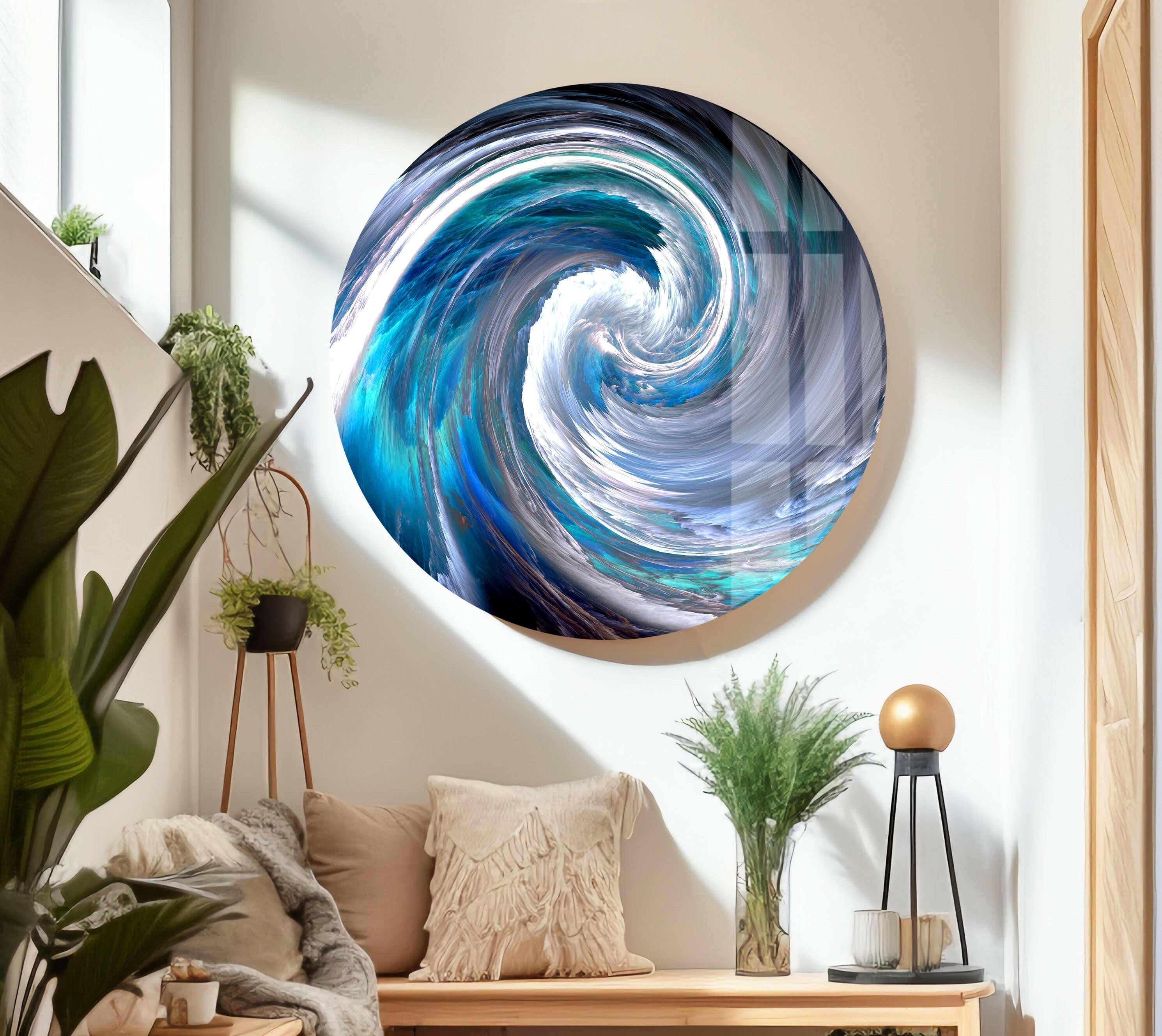 Blue Ocean Swirl Abstract Glass Wall Art - Handmade Modern Sea Wave Decor for Living Room, Bedroom & Office - Unique Home & Interior Design Gift Idea