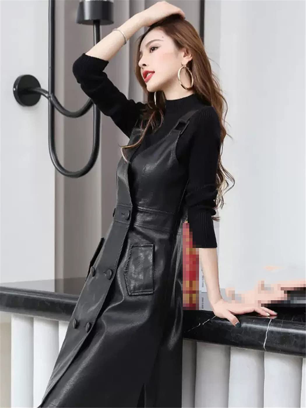 Elegant Women's Summer Long PU Leather Dress - Korean Style Strap Midi Faux Leather Dress for Office, Party & Date Night Outfits
