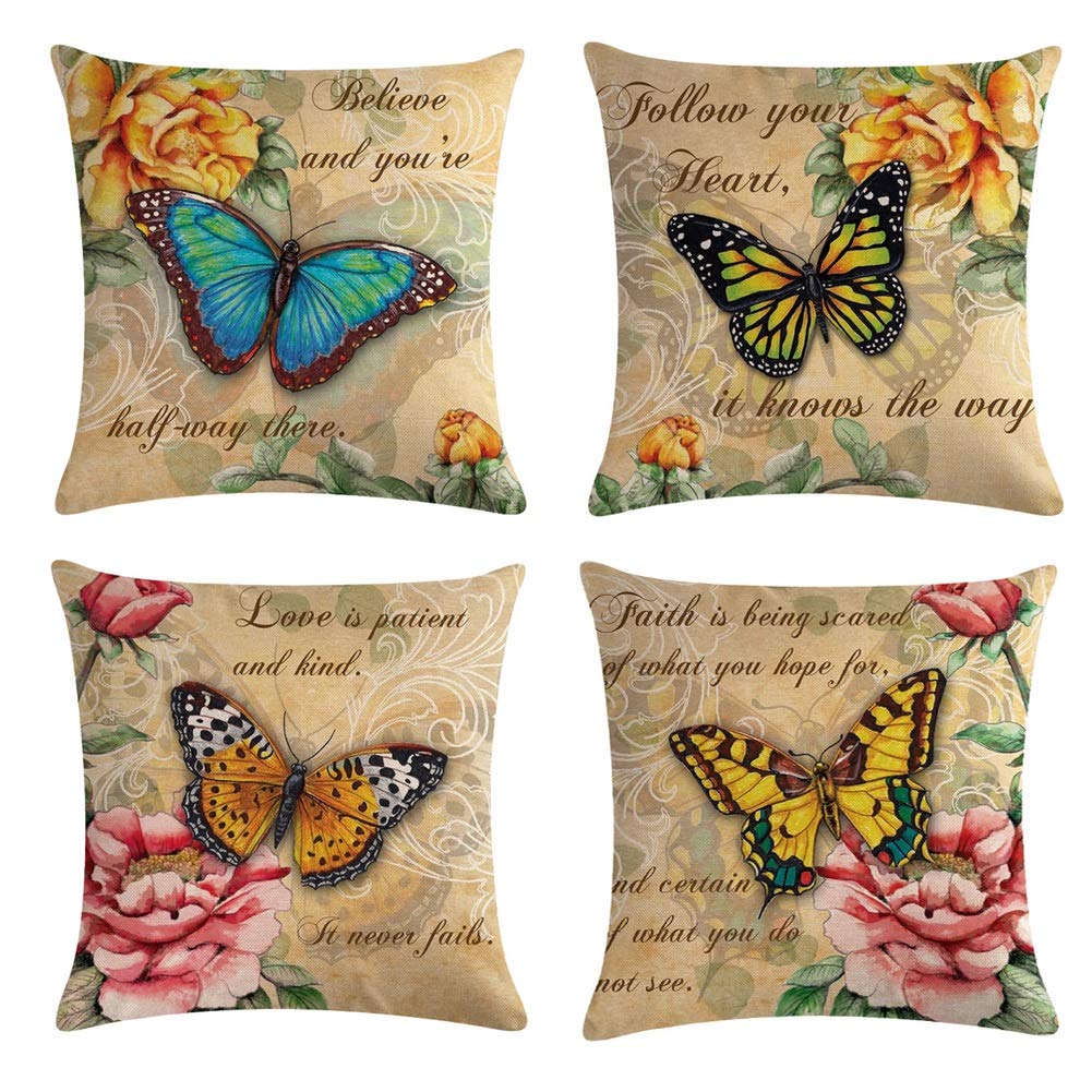 Floral Butterfly Decorative Pillow Covers - Set of 4 Square Cotton Linen Throw Pillow Cases 18x18 Inch for Sofa, Bed, Couch - Farmhouse Spring Home Decor Cushion Covers (Flower Design) - Perfect for Living Room, Bedroom & Porch Decor