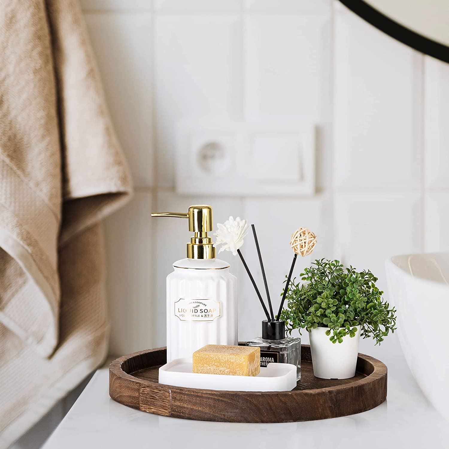 Rustic White Round Wooden Decorative Storage Tray - Farmhouse Coffee Table Centerpiece, Kitchen Counter & Bathroom Organizer - Perfect for Living Room, Bedroom & Home Decor