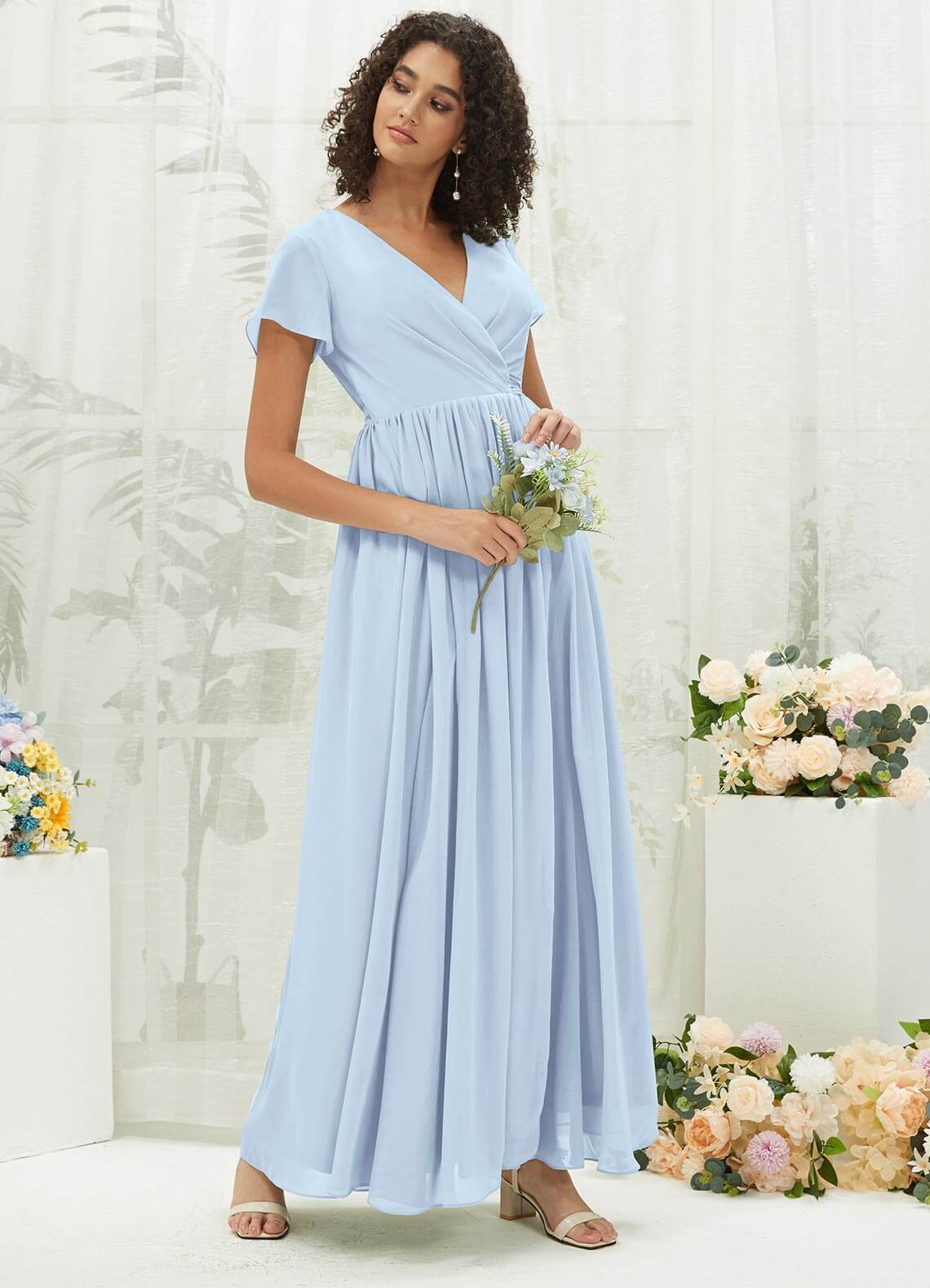 Cornflower Blue Chiffon Short Sleeve V-Neck Wrap Pleated Bridesmaid Dress - Elegant Wedding Party Attire for Bridesmaids, Formal Events & Special Occasions