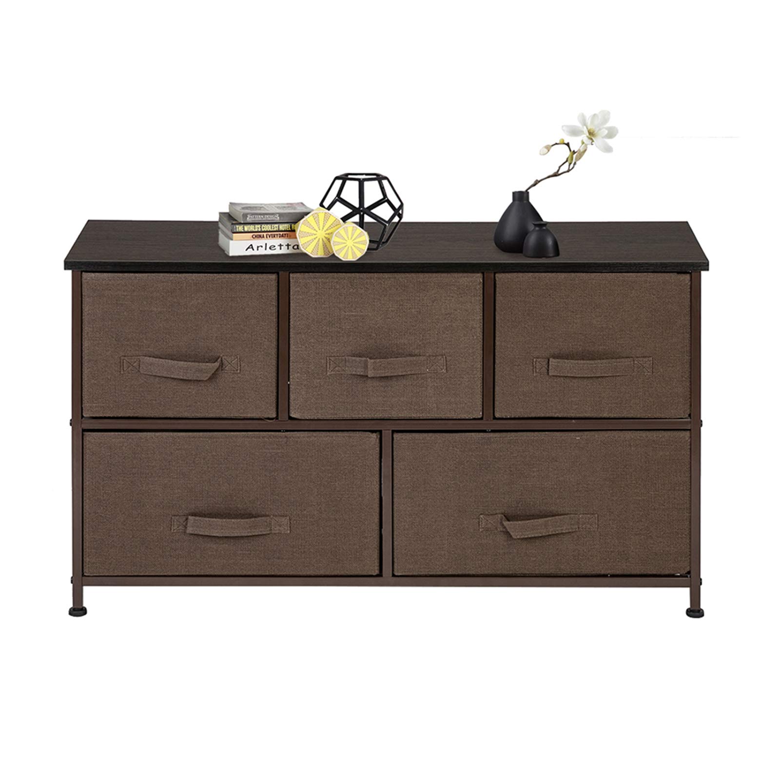 Keseno 2-Tier Wide Closet Dresser with 5 Fabric Drawers - Sturdy Metal Frame Storage Organizer for Nursery, Dorm Room, Living Room & Hallway - Space Saving Brown Dresser Tower for Clothes, Toys & Home Organization